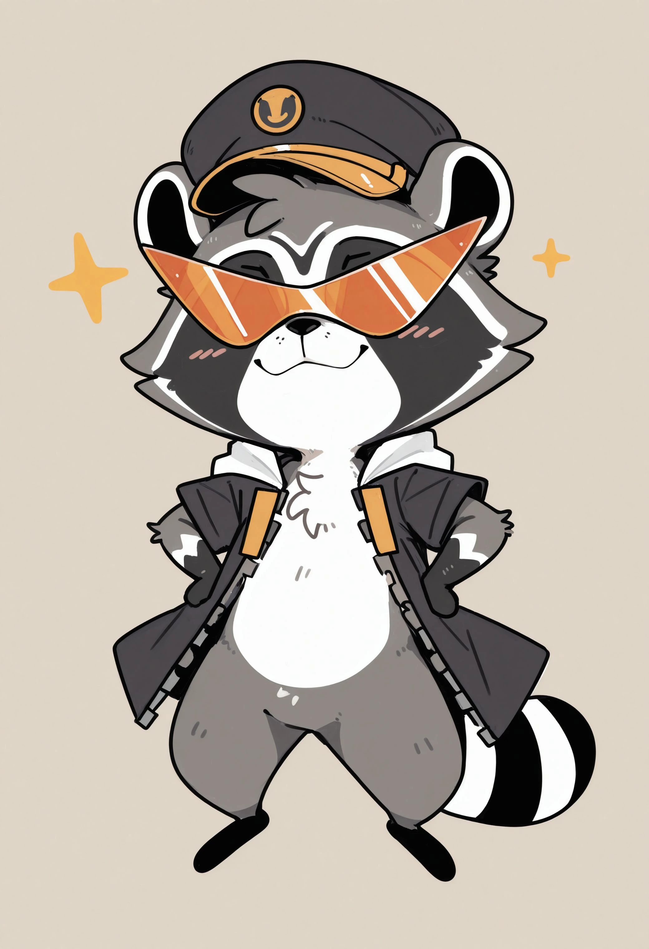 best quality, amazing quality, very aesthetic, absurdres, newest, g4l4ctic_b4seb411er, raccoon, furry, furry male, solo, 1boy, kamina shades, black jacket, hat, cute, chibi, smug, jump, simple background, <lora:The_Legend_of_the_Galactic_Baseballer_Illustrious:1>