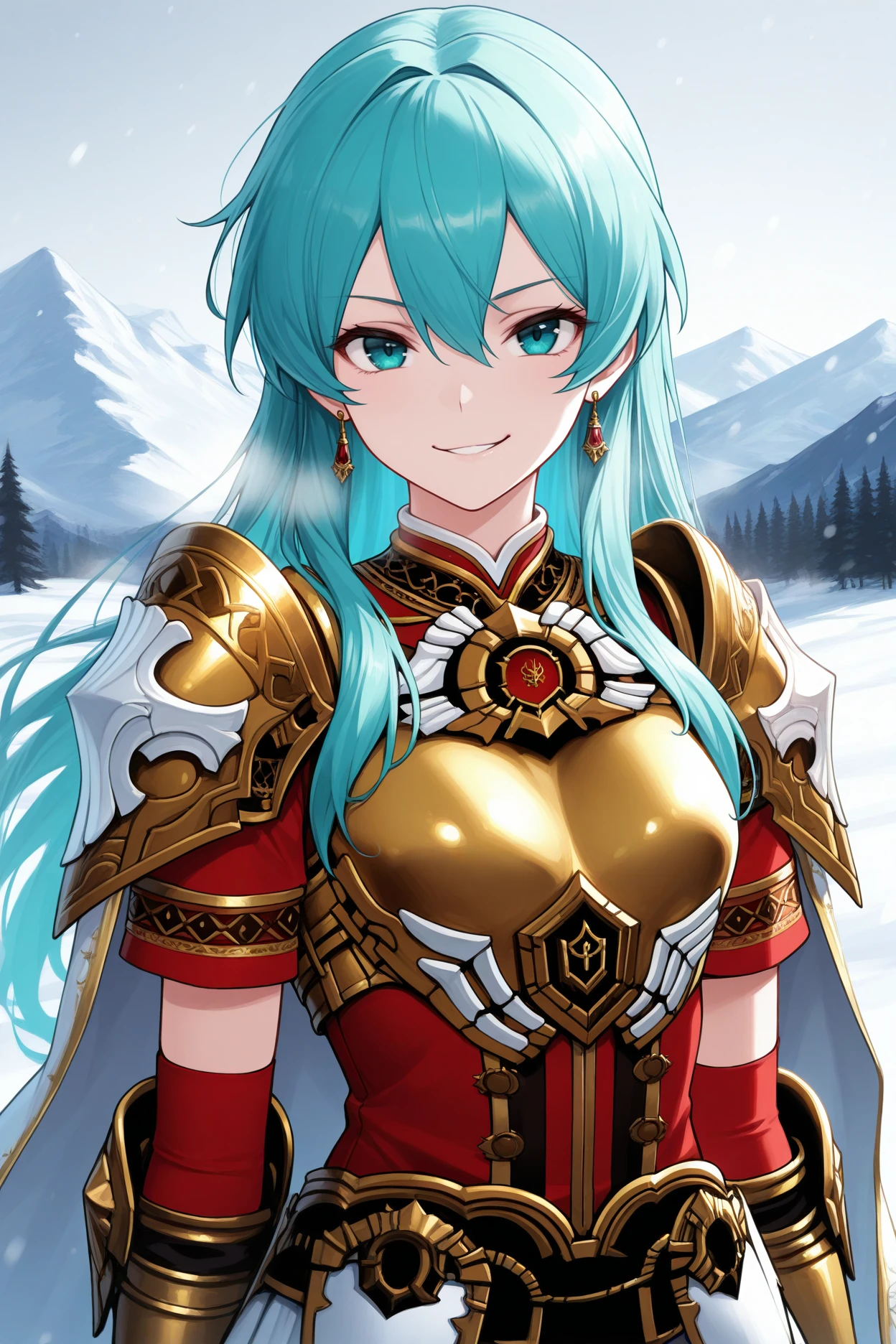 masterpiece, best quality, 1girl, solo, <lora:legendaryeirika-illu-nvwls-v1-000006:1> lgner, aqua hair, long hair, hair between eyes, earrings, red shirt, short sleeves, gold pauldrons, white cape, gold breastplate, armored skirt, white skirt, elbow gloves, fingerless gloves, upper body, looking at viewer, smirk, winter, mountains