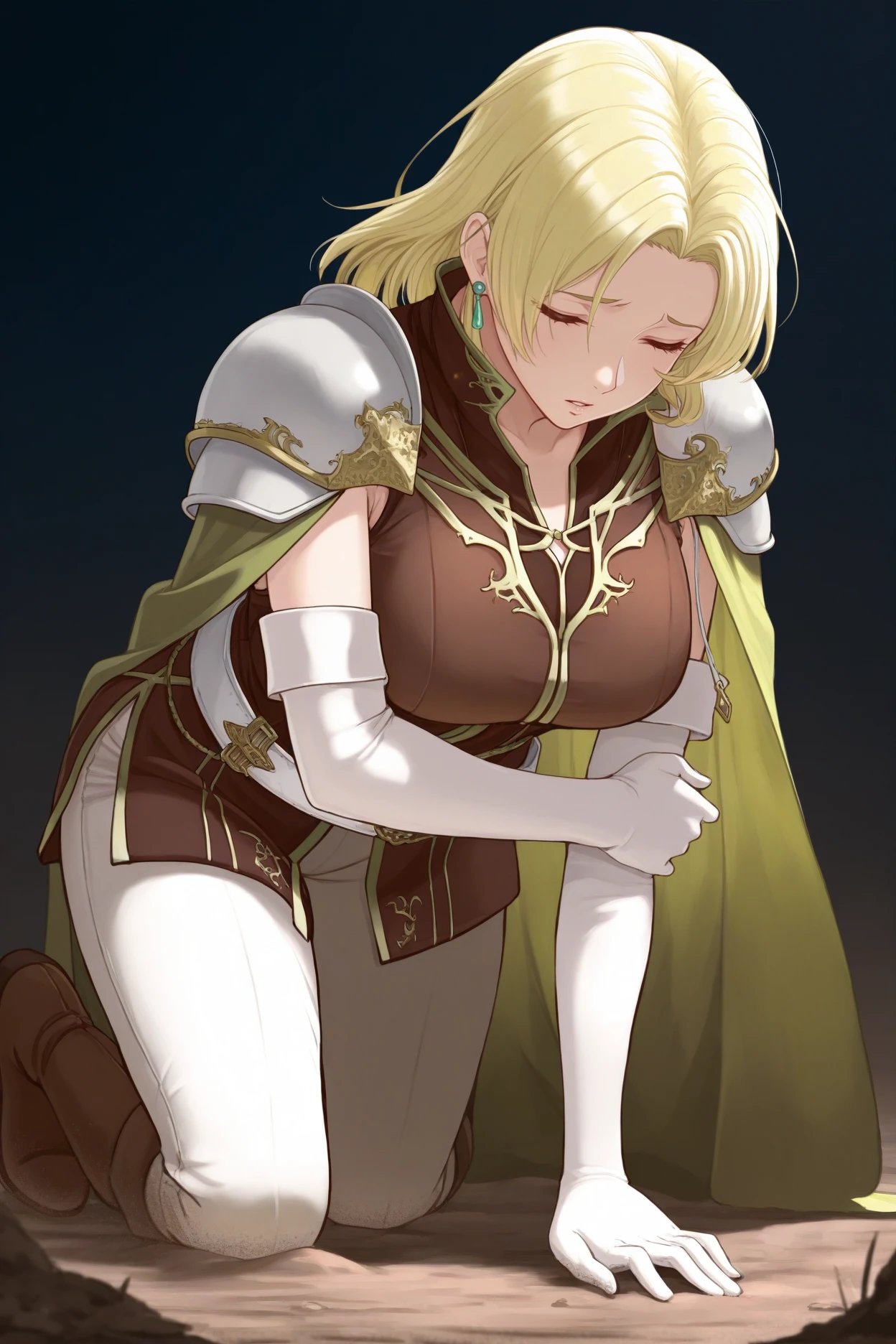 masterpiece, best quality, 1girl, solo, <lora:feselena-illu-nvwls-v1-000006:1> defsen, blonde hair, medium hair, mature female, earrings, shoulder pads, green cape, brown tunic, sleeveless, white belt, elbow gloves, white gloves, white pants, brown boots, kneeling, all fours, closed eyes, parted lips, holding own arm, sad, dark theme, dirt