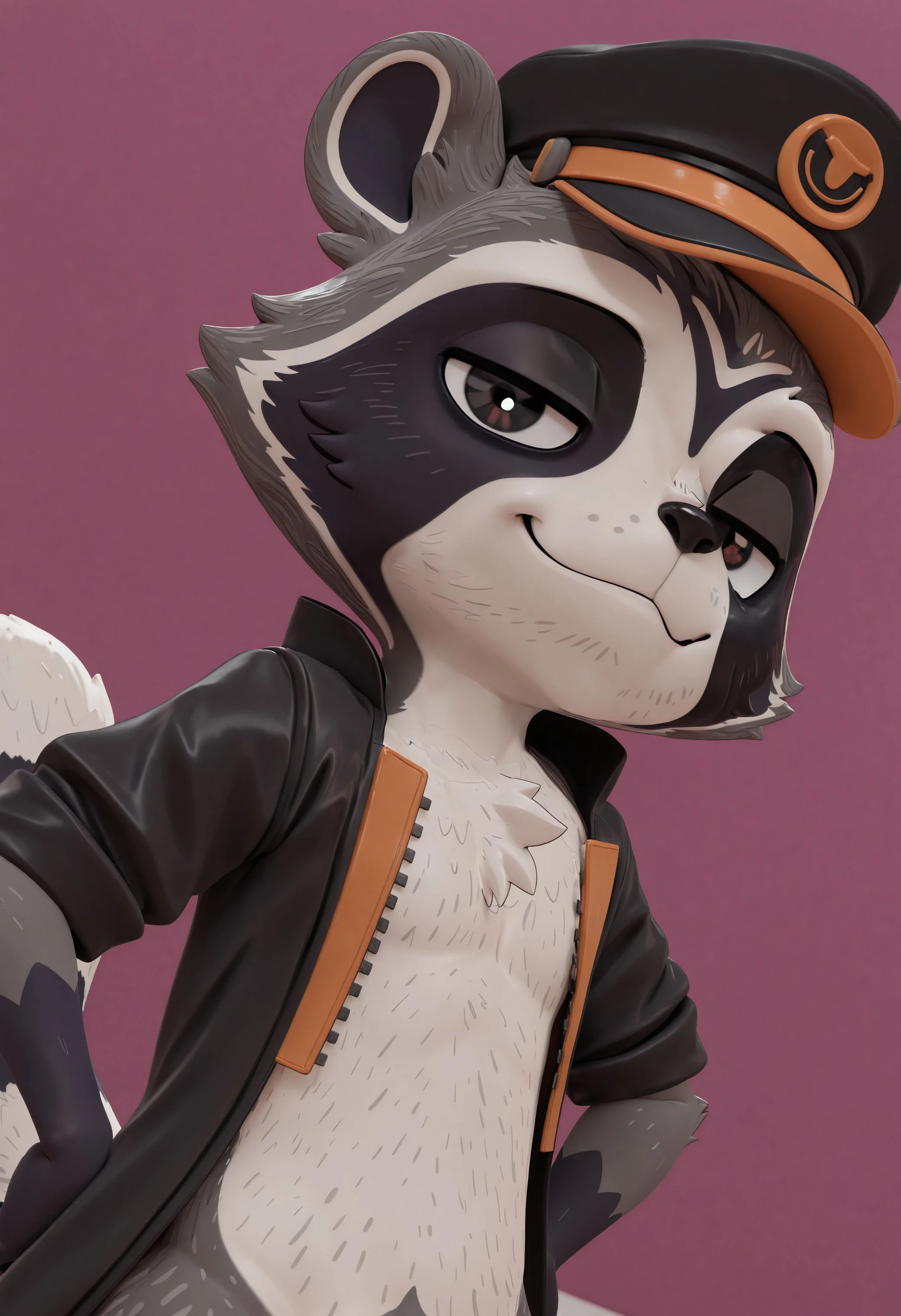 best quality, amazing quality, very aesthetic, absurdres, newest, g4l4ctic_b4seb411er, raccoon, furry, furry male, solo, 1boy, 3d, black jacket, hat, smug, purple background, looking at viewer, dutch angle, <lora:The_Legend_of_the_Galactic_Baseballer_Illustrious:1>