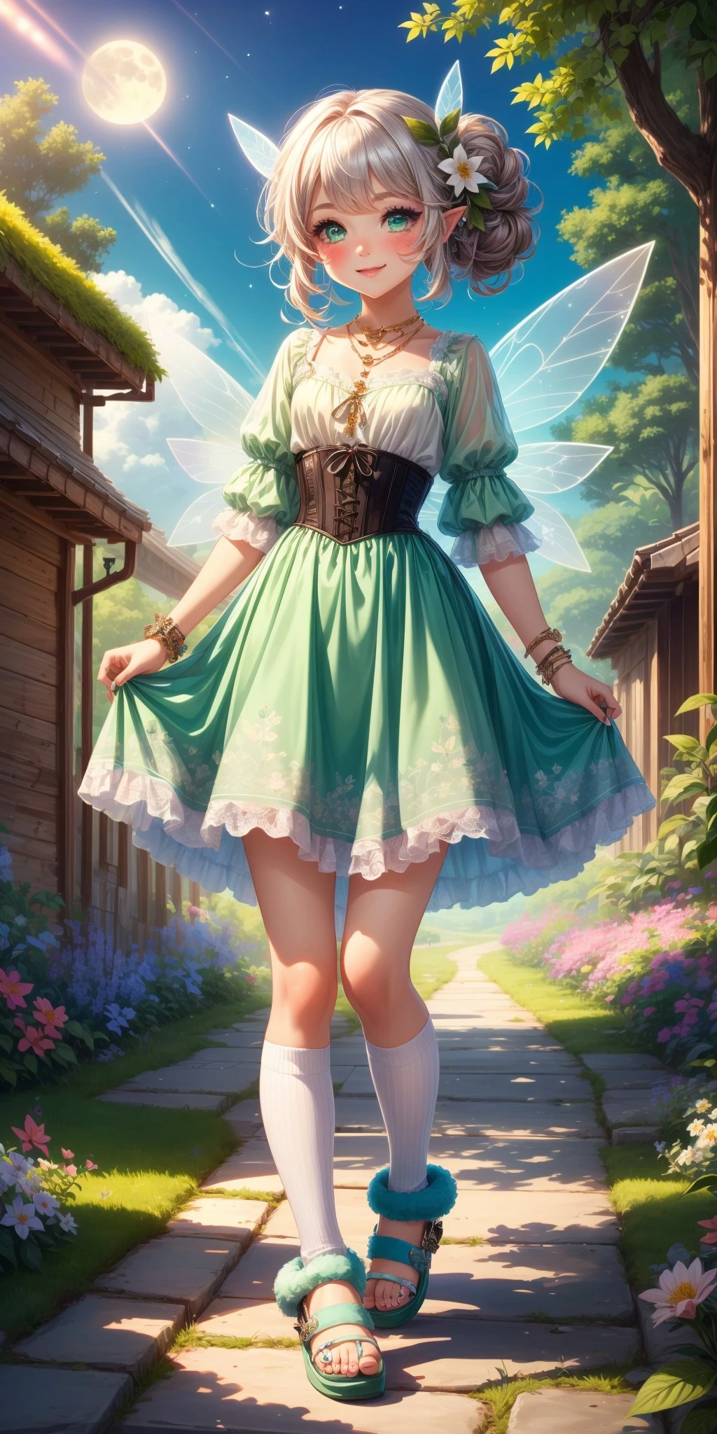 (front facing, facing viewer, standing) 1girl, big sparkling eyes, blush, full face blushing, smile, fairycore, tousled hair, loose hair, messy bun, messy braid, makeup, glittery makeup, shiny makeup, pastel nail polish, wire-rimmed glasses, flowy dress, puffy dress, tunic, sweater, corset, green corset, white corset, cardigan, sheer, lace, bows, fake elf ears, fake fairy wings, jewelry, long gold necklace, bracelets, rings, moonstone ring, opal ring, fingerless gloves, kneehighs, slippers, open-toed shoes, flower shoes, leaf shoes, sparkles, glitter, <lora:more_details:0.7>, <lora:scene_:0.5>, <lora:FashionComplexityEnhancerLORAv1:0.4>, <lora:c4d88097-e869-4386-8e68-375ccb878024:0.6>, <lora:96073874-f082-4683-942e-601cecac5c40:0.3>, <lora:f7d08feb-f21d-42d0-9ef1-a9481867524d:0.3>, <lora:5844635f-c9c3-4f9e-85c4-d0d40f201159:0.3>, <lora:betterLight_v10:0.3>, ,