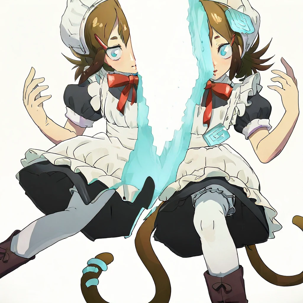 sagittal plane cutting,sagittal plane cutting. apron, brown footwear, puffy sleeves, short sleeves, brown hair, puffy short sleeves, boots, simple background, 1girl, white background, dress, maid, pantyhose, tail, hair ornament, black dress, maid apron, blue eyes, bow, frills, solo, hairclip, hands up, parted lips, Blue effect injured