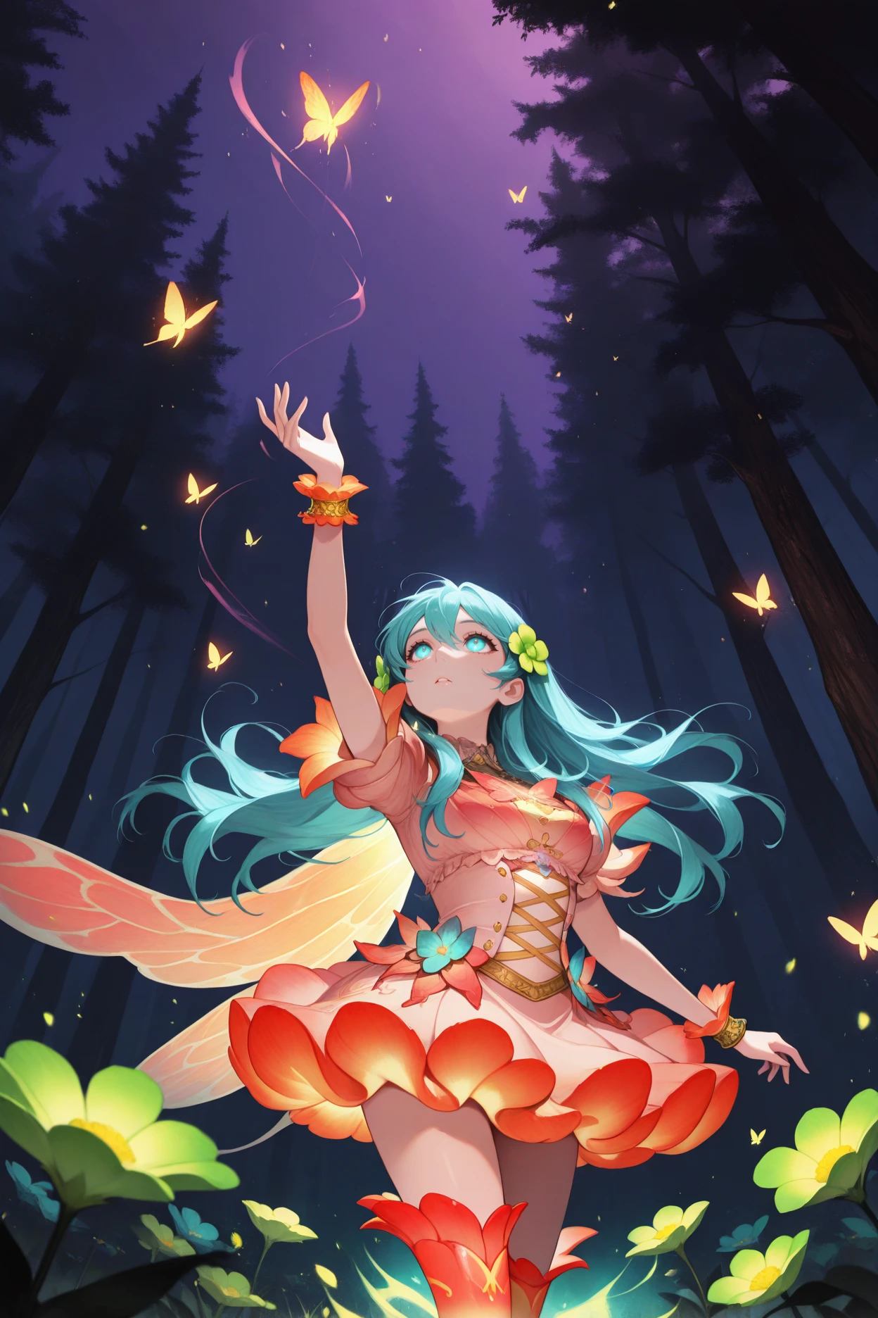 masterpiece, best quality, 1girl, solo, <lora:resplendenteirika-illu-nvwls-v1-000006:1> resper, aqua hair, long hair, hair between eyes, hair flower, green flower, pink dress, gradient clothes, insect wings, bracelet, gradient thighhighs, purple sky, flowers, forest, dark theme, glowing, aura, looking up, arm up, floating, butterflies
