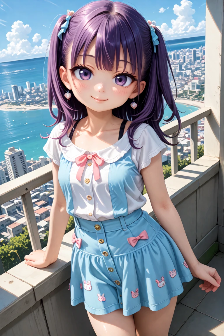 masterpiece, best quality, amazing quality, very aesthetic, absurdres,
cute round face, slender, detailed eyes, detailed hair, kawaii,
1girl, solo, (mature:0.5),
dynamic angle,
best shadow, an extremely delicate and beautiful, gleaming skin, cowboy shot,
seaside, cityscape, standing, cute pose, smile,day, blue sky, cloud,
wearing casual fashion, wearing harajuku fashion, wearing skirt, wearing kawaii fashion, (purple hair, purple eyes:1.2)