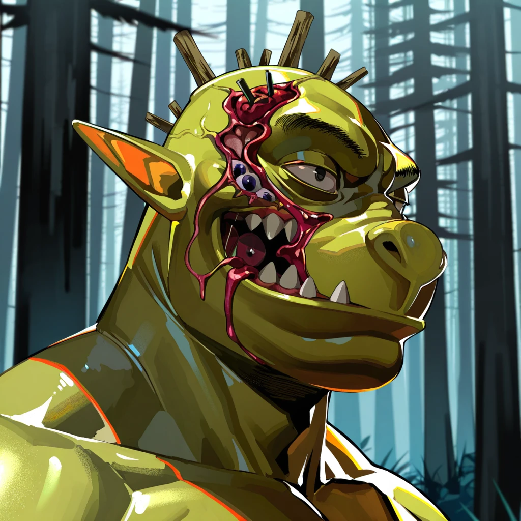 highres, best quality, masterpiece, very aesthetic, newest, <lora:FleshmutantIllusV2:1>, artist:lam \(ramdayo\) , cropped,portrait,fleshmutant,body horror,shrek,green skin,fleshy,outdoors,forest,1boy,solo