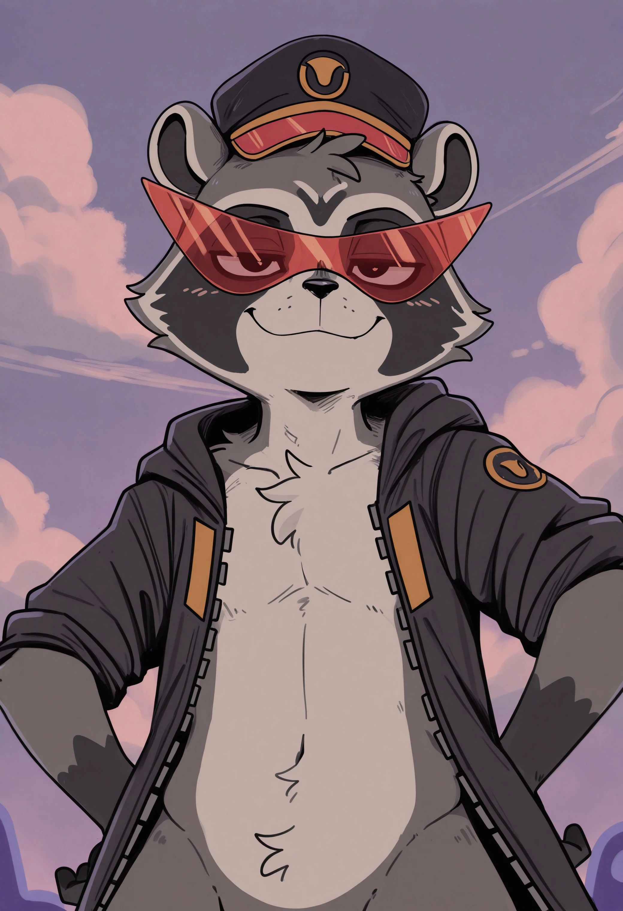best quality, amazing quality, very aesthetic, absurdres, newest, g4l4ctic_b4seb411er, raccoon, furry, furry male, solo, 1boy, red kamina shades, black jacket, hat, smug, seductive, purple background, mist, clouds, <lora:The_Legend_of_the_Galactic_Baseballer_Illustrious:1>