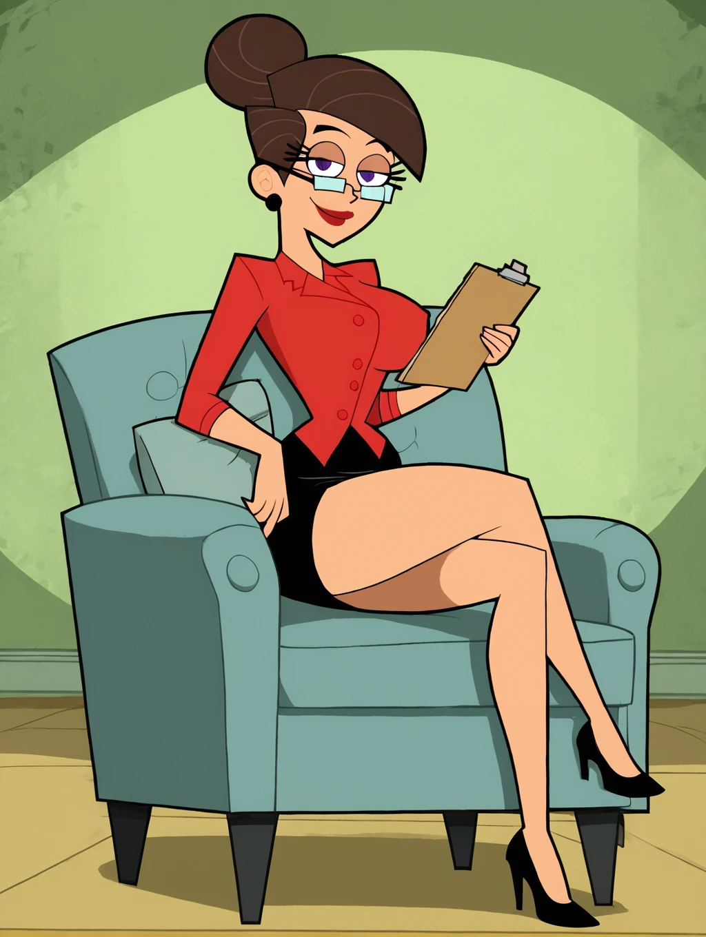 score_9, score_8_up, score_7_up, score_6_up, score_5_up, score_4_up, 1girl, black hair, glasses, lipstick, mole under eye, small breasts, narrow waist, wide hips, looking at viewer, naughty face, sitting, on desk, spread legs, pantyshot, thong, cameltoe, high quality, masterpiece, <lora:Eleanor_Butterbean:1>
