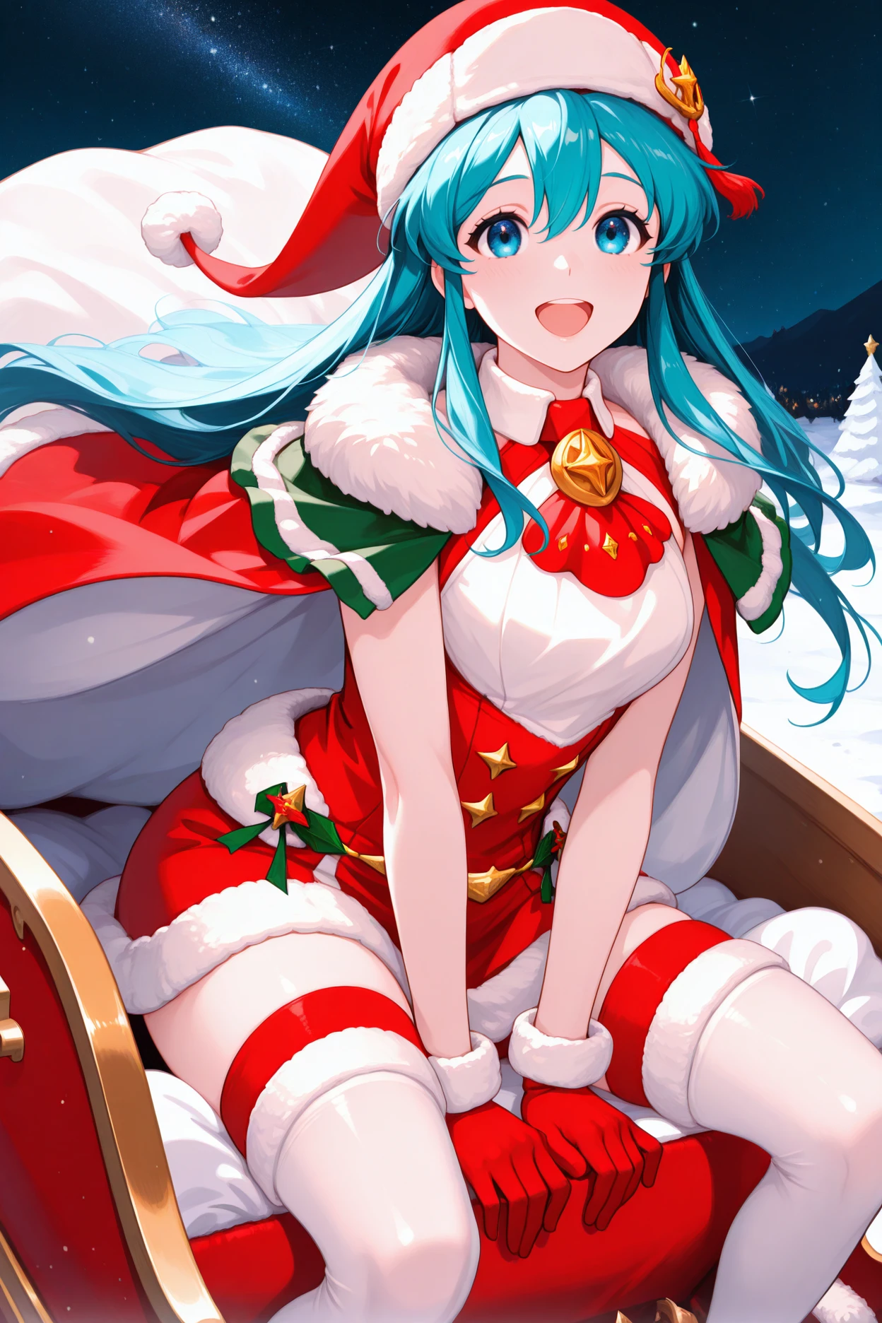 masterpiece, best quality, 1girl, solo, <lora:wintereirika-illu-nvwls-v1-000006:1> wnter, aqua hair, long hair, hair between eyes, santa hat, santa costume, santa dress, red ascot, fur trim, red gloves, red cape, sleeveless, white thighhighs, sitting, riding sleigh, winter, night sky, starry sky, happy, open mouth, big sack, looking at viewer