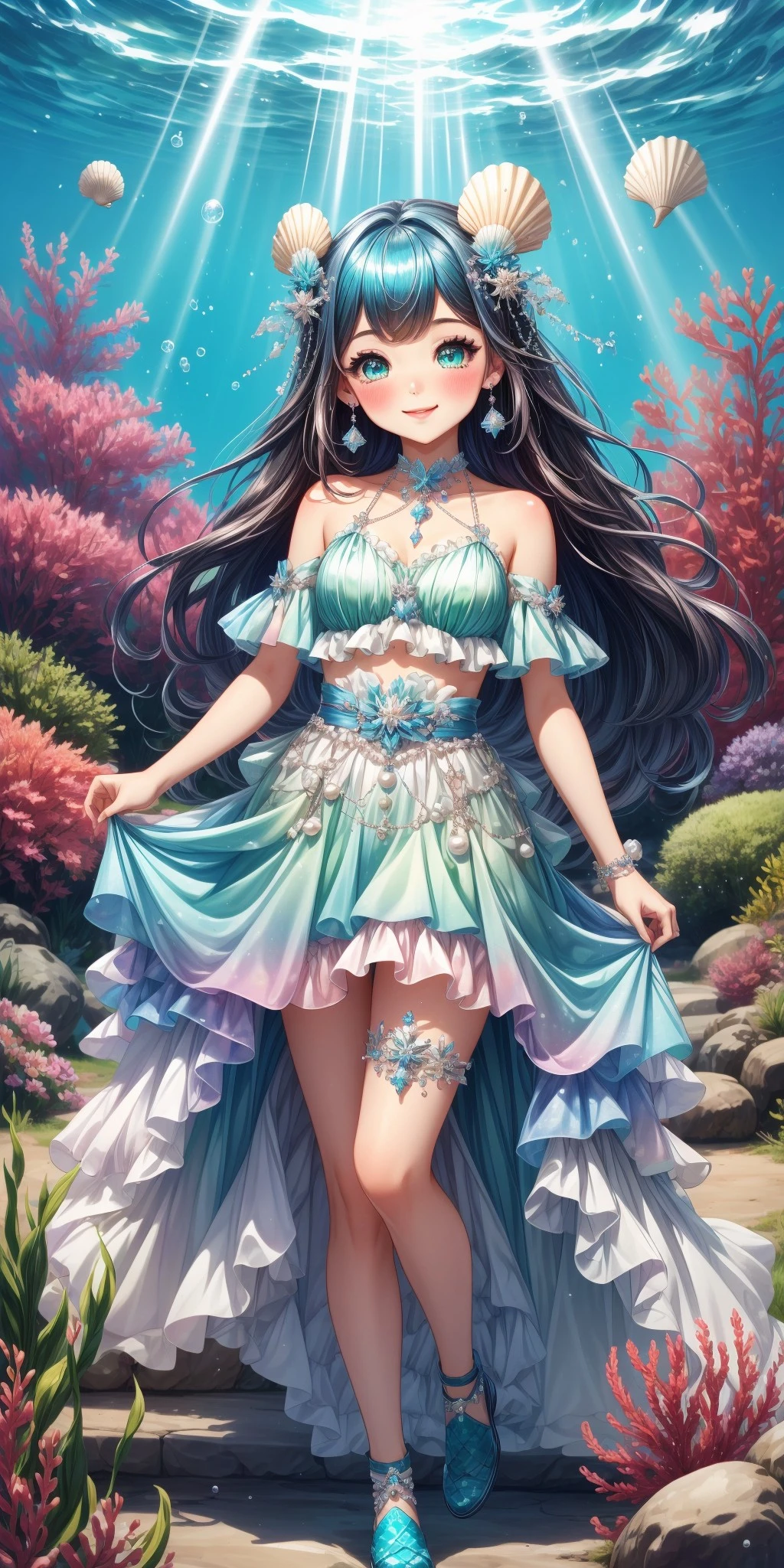 1girl, big sparkling eyes, blush, full face blushing, smile, mermaidcore, (blue theme, green theme), (iridescent clothing, shiny clothing), long fishtail_dress, halter top, conch shell top, shell bra, scale print leggings, long maxi skirt, flowy skirt, ruffles, frills, jewelry, shell headdress, crystal jewelry, pearl jewelry, sea glass jewelry, beads, <lora:more_details:0.7>, <lora:scene_:0.5>, <lora:FashionComplexityEnhancerLORAv1:0.4>, <lora:2a73e5f4-8b2d-4fd4-ad79-da433ff8b6fd:0.6>, <lora:96073874-f082-4683-942e-601cecac5c40:0.3>, <lora:f7d08feb-f21d-42d0-9ef1-a9481867524d:0.3>, <lora:5844635f-c9c3-4f9e-85c4-d0d40f201159:0.3>, <lora:betterLight_v10:0.3>, ,