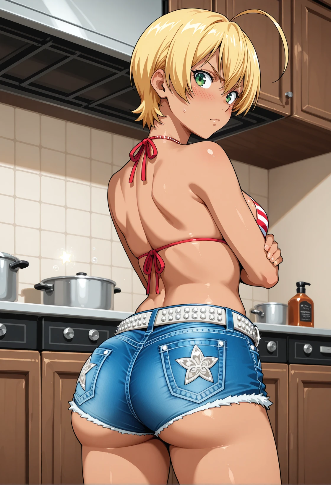 1girl, mito ikumi, shokugeki no souma, anime screenshot, missme denim shorts, [fleur-de-lis:star \(symbol\):5], belt, rhinestones, rhinestone belt, fine fabric emphasis,
short hair, blonde hair, green eyes, ahoge, dark skin, dark-skinned female, from behind, standing, crossed arms, blush, cowboy shot, bubble butt, cutoffs, medium ass, american flag bikini, breasts,  looking back, kitchen multiple others 
<lora:missme-122:1> <lora:bubble_butt_v4-noob_vpred-LoRA:0.8>