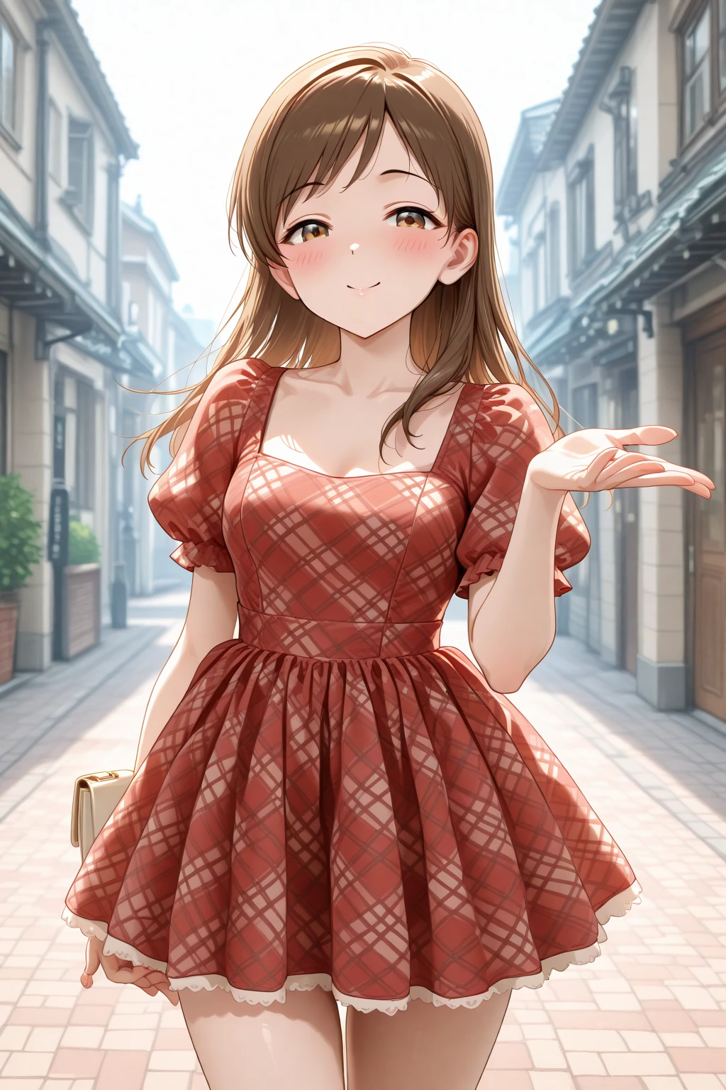 masterpiece, best quality, amazing quality, 1girl, solo, makeup, general, looking at viewer, blush, cowboy shot, smile, outdoors, blowing kiss, love, holding handbag, dating, <lora:Nitta_Minami_Cinderella:0.9>, Nitta_Minami_Cinderella, long hair, brown hair, brown eyes, breasts, <lora:Sweet_Red_Gingham_Plaid_Organza_Dress:1>, Sweet_Red_Gingham_Plaid_Organza_Dress, plaid, red dress, checkered dress, short dress, puffy short sleeves, kneehighs, <lora:wai-2Rectified-V140:1>, <lora:illustrious_noobai_epsilon_pred_1_masterpieces_v1:1>