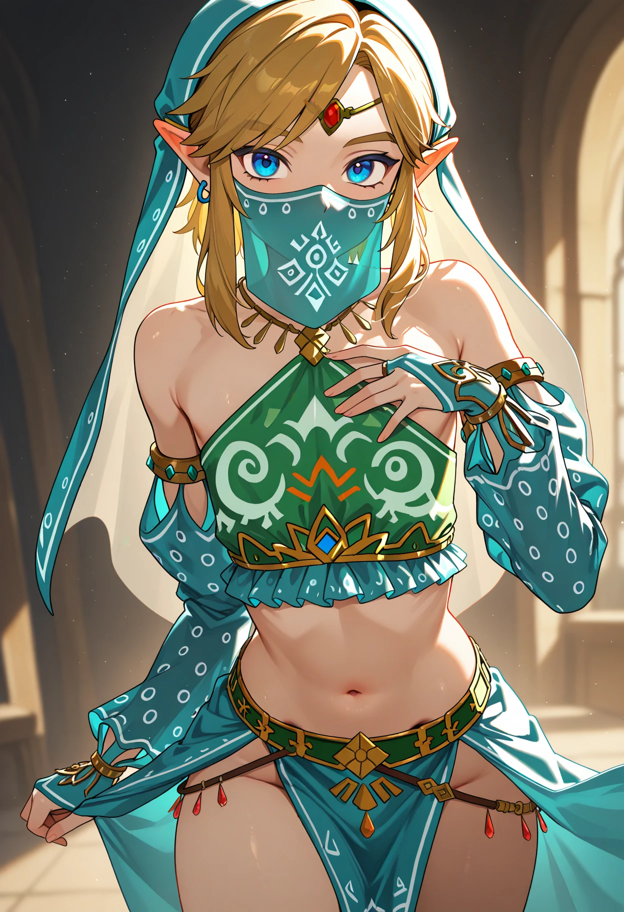 1boy, otoko no ko, crossdressing, veil, gerudolink, link, solo, looking at viewer, masterpiece, best quality, newest, absurdres, highres, very awa,