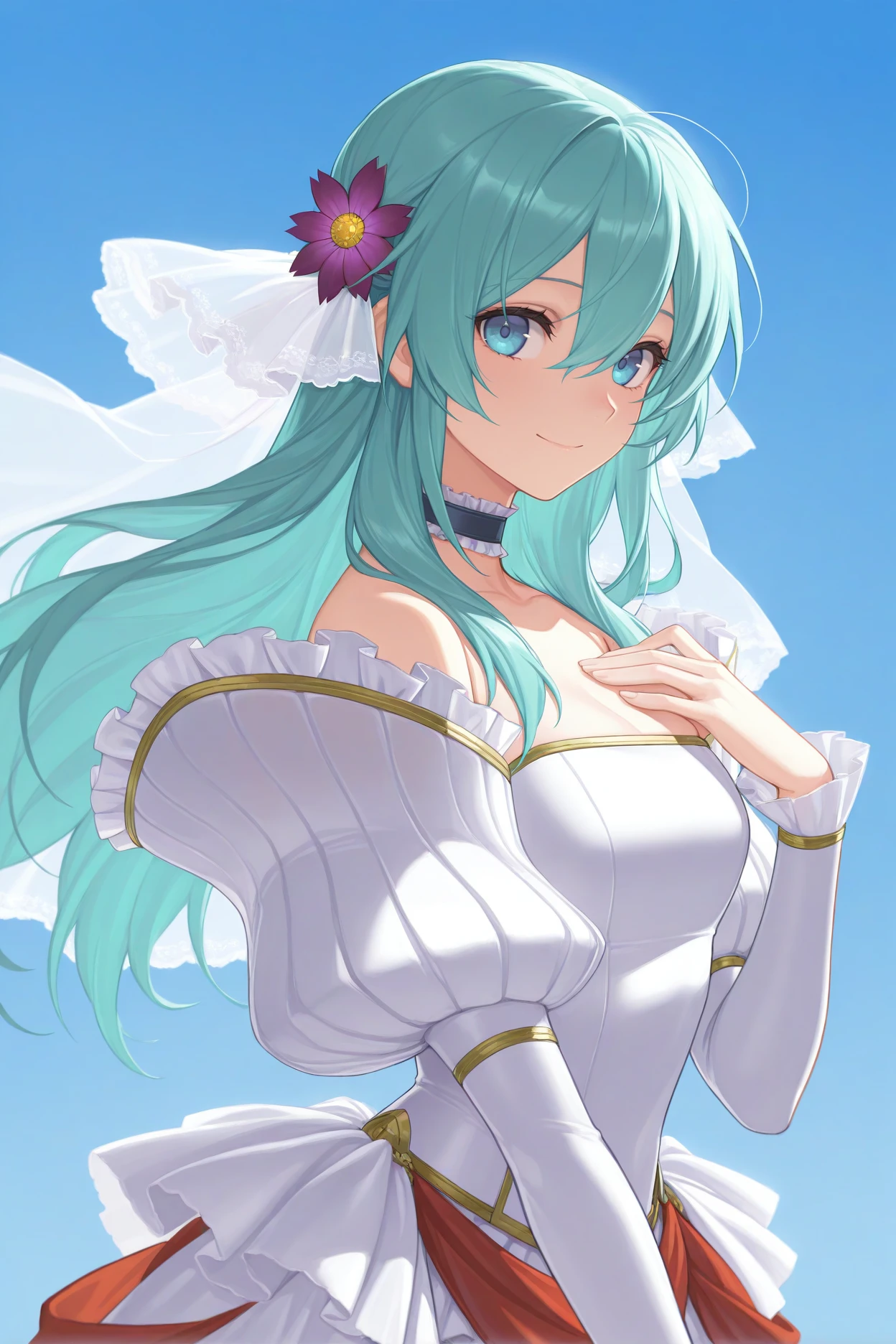 masterpiece, best quality, 1girl, solo, <lora:brideeirika-illu-nvwls-v1-000006:1> brier, aqua hair, long hair, hair between eyes, hair flower, hair ornament, bridal veil, frills, choker, wedding dress, from side, looking at viewer, hand on own chest, smile, blue sky, doves