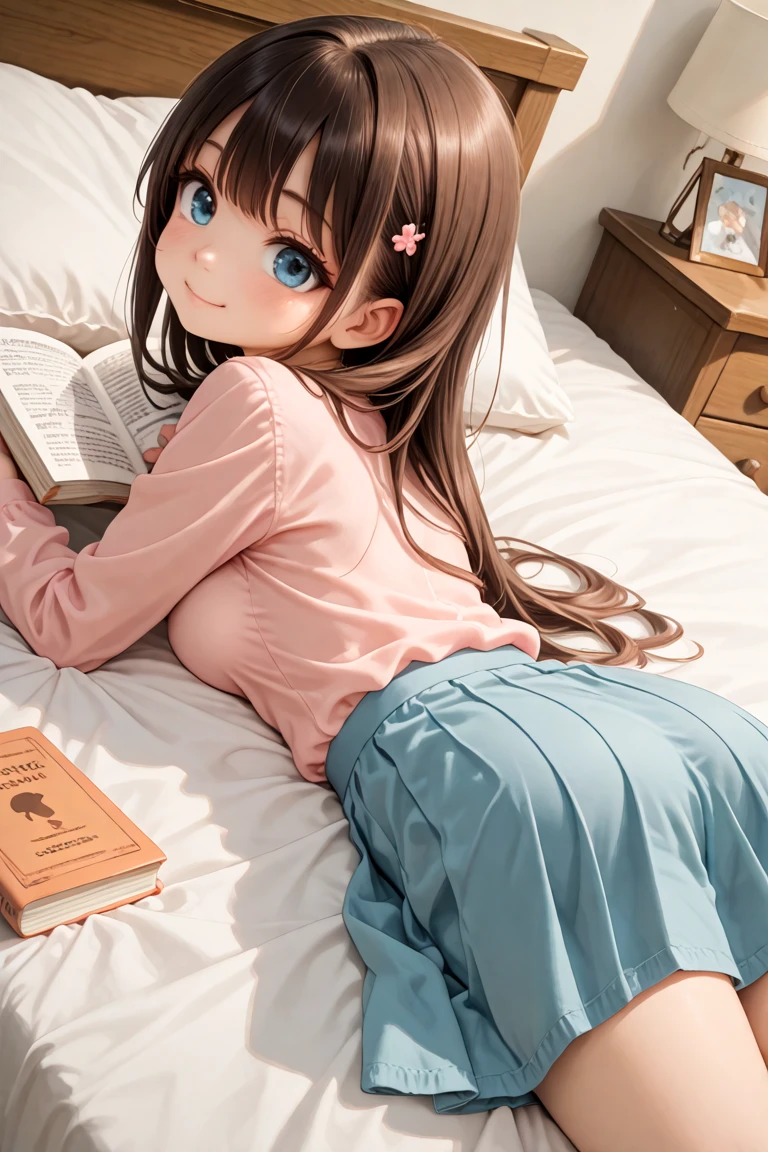 masterpiece, best quality, amazing quality, very aesthetic, absurdres,
cute round face, slender, detailed eyes, detailed hair, kawaii,
1girl, solo, medium breasts, dynamic angle, cowboy shot, roomwear, skirt, smile,
(lying on bed, on stomach:1.3), girl room, reading book, looking at book