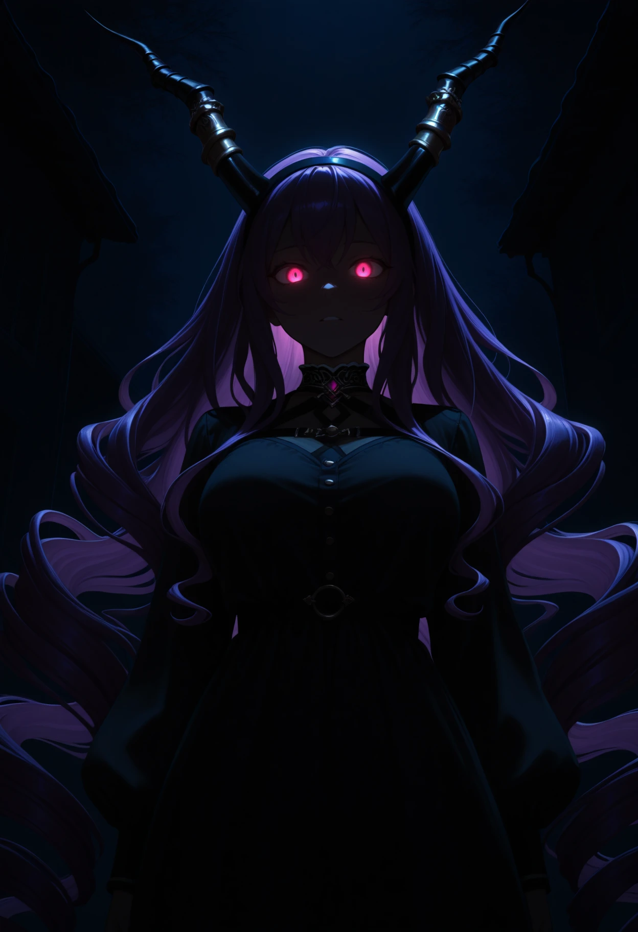 1girl, long hair, ponytail, masterpiece, high quality, highres, best quality, vampire, vampire costume, fangs, (<lora:UV_Light:1>), ultraviolet light, glowing purple, black background, long glowing hair