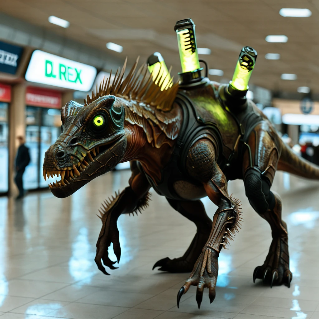 highres, best quality, masterpiece, very aesthetic, newest, <lora:FleshmutantIllusV2:1>, photo,realistic,cinematic,cinematic still,film grain,HDR,DLSR,cybermutant,full body,t-rex,glowing green tubes,dinosaur,dinsosaur focus,solo,biomechanical,glowing green hoses,sharp teeth,indoors,shopping mall