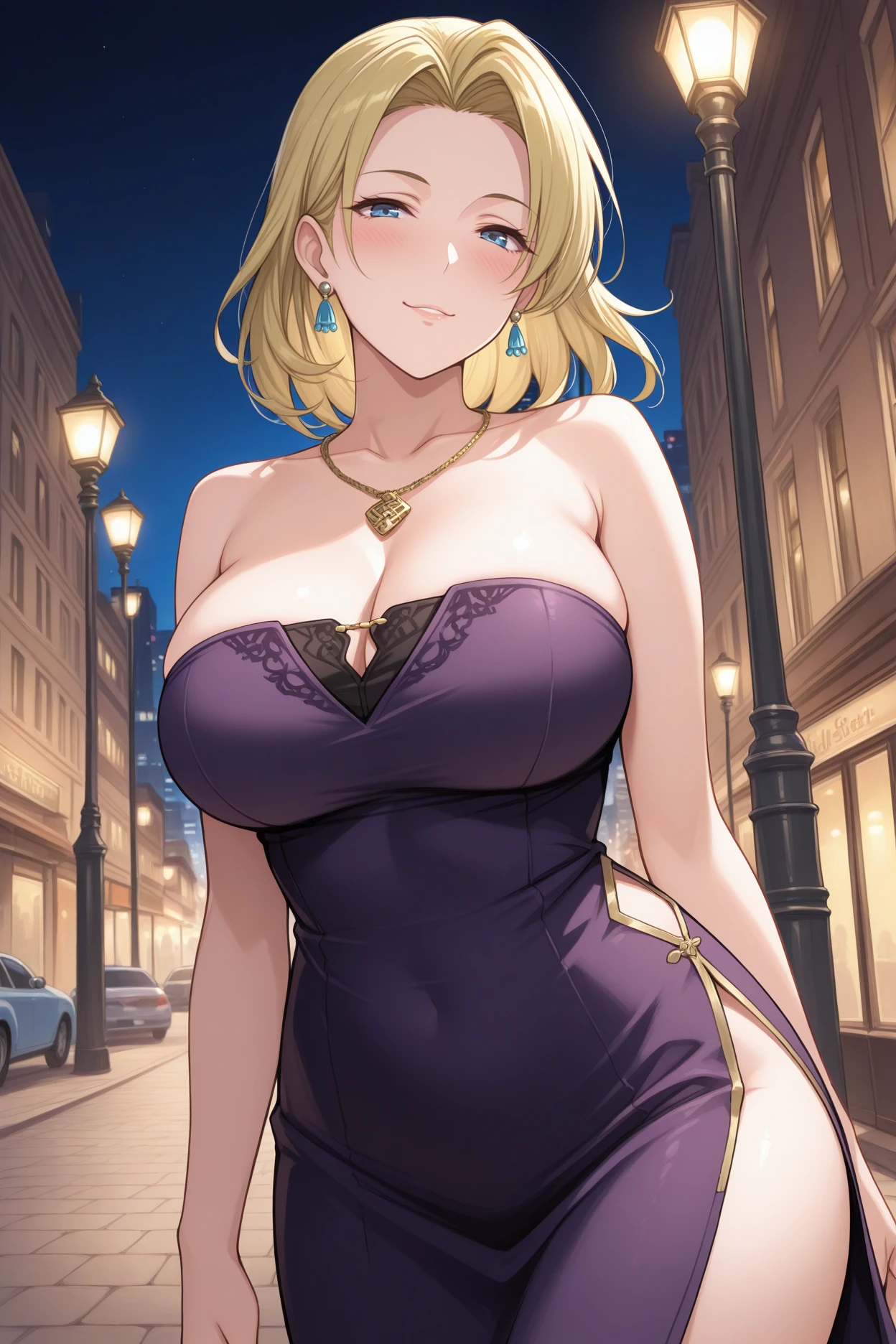 （best quality,masterpiece,blond hair,Purple evening dress：1.2），Perfect body,full-body shot,Cool poster，36 years old，Mature beauty,individual,Anime style