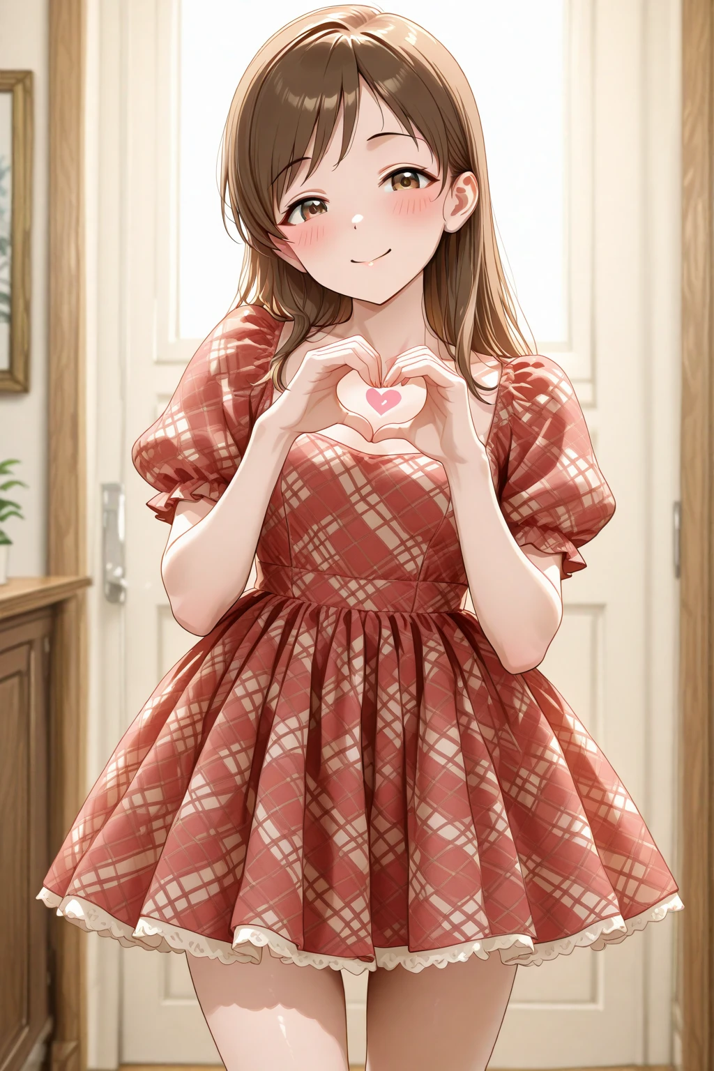 masterpiece, best quality, amazing quality, 1girl, solo, makeup, general, looking at viewer, blush, cowboy shot, smile, indoors, photo studio, (hand heart), <lora:Nitta_Minami_Cinderella:0.9>, Nitta_Minami_Cinderella, long hair, brown hair, brown eyes, breasts, <lora:Sweet_Red_Gingham_Plaid_Organza_Dress:1>, Sweet_Red_Gingham_Plaid_Organza_Dress, plaid, red dress, checkered dress, short dress, puffy short sleeves, kneehighs, <lora:wai-2Rectified-V140:1>, <lora:illustrious_noobai_epsilon_pred_1_masterpieces_v1:1>