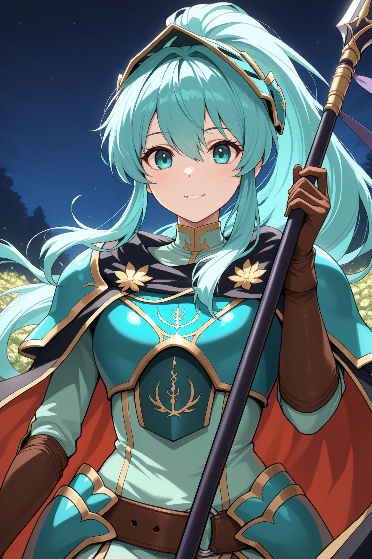 masterpiece, best quality, 1girl, solo, <lora:braveeirika-illu-nvwls-v1-000006:1> bver, aqua hair, high ponytail, hair between eyes, armored visor, red and black cape, aqua armor, breastplate, light green dress, belt, brown gloves, upper body, looking at viewer, holding spear, smile, parted lips, night sky, garden