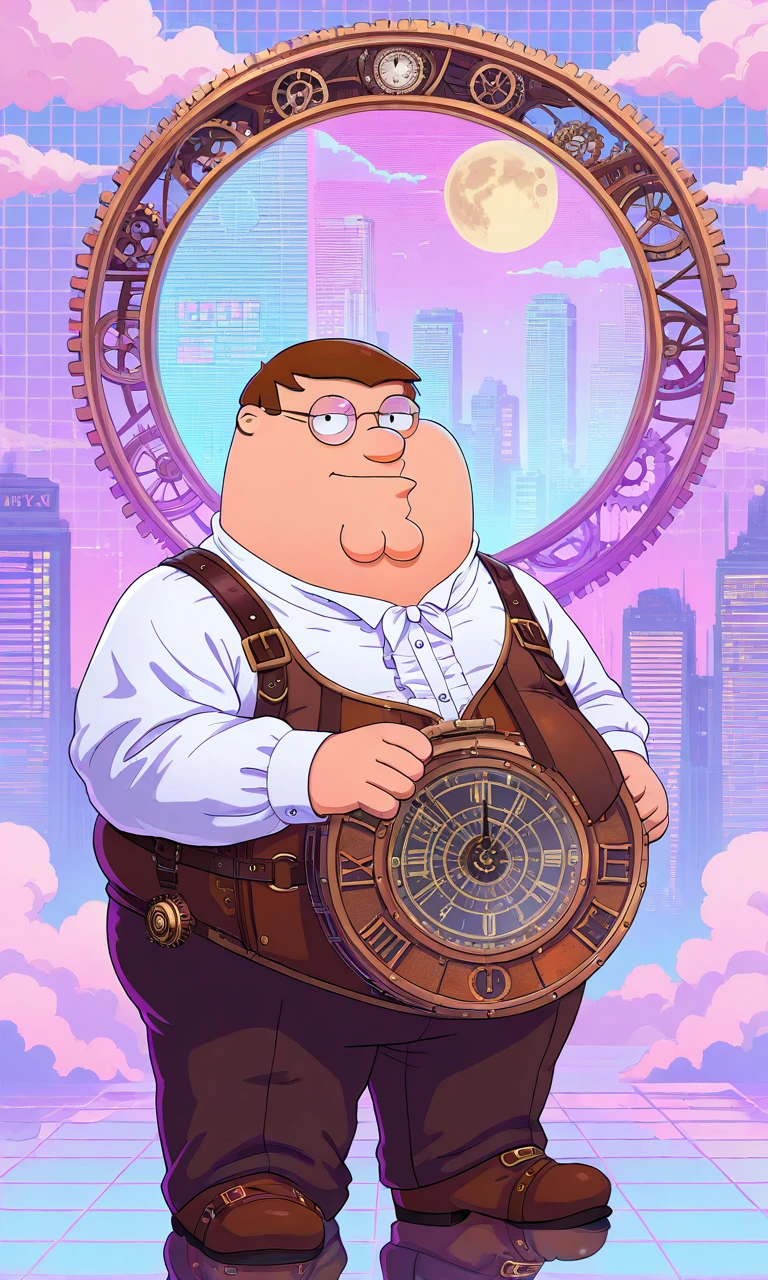solo,Vaporwave, pastel colors, pink theme, neon lights, holographic, steampunk, Victorian style, gears, metallic, clocks,1boy, Peter Griffin,very short hair,brown hair, round eyewear, glasses, fat, Fatman,moon, cloud, reflection, standing