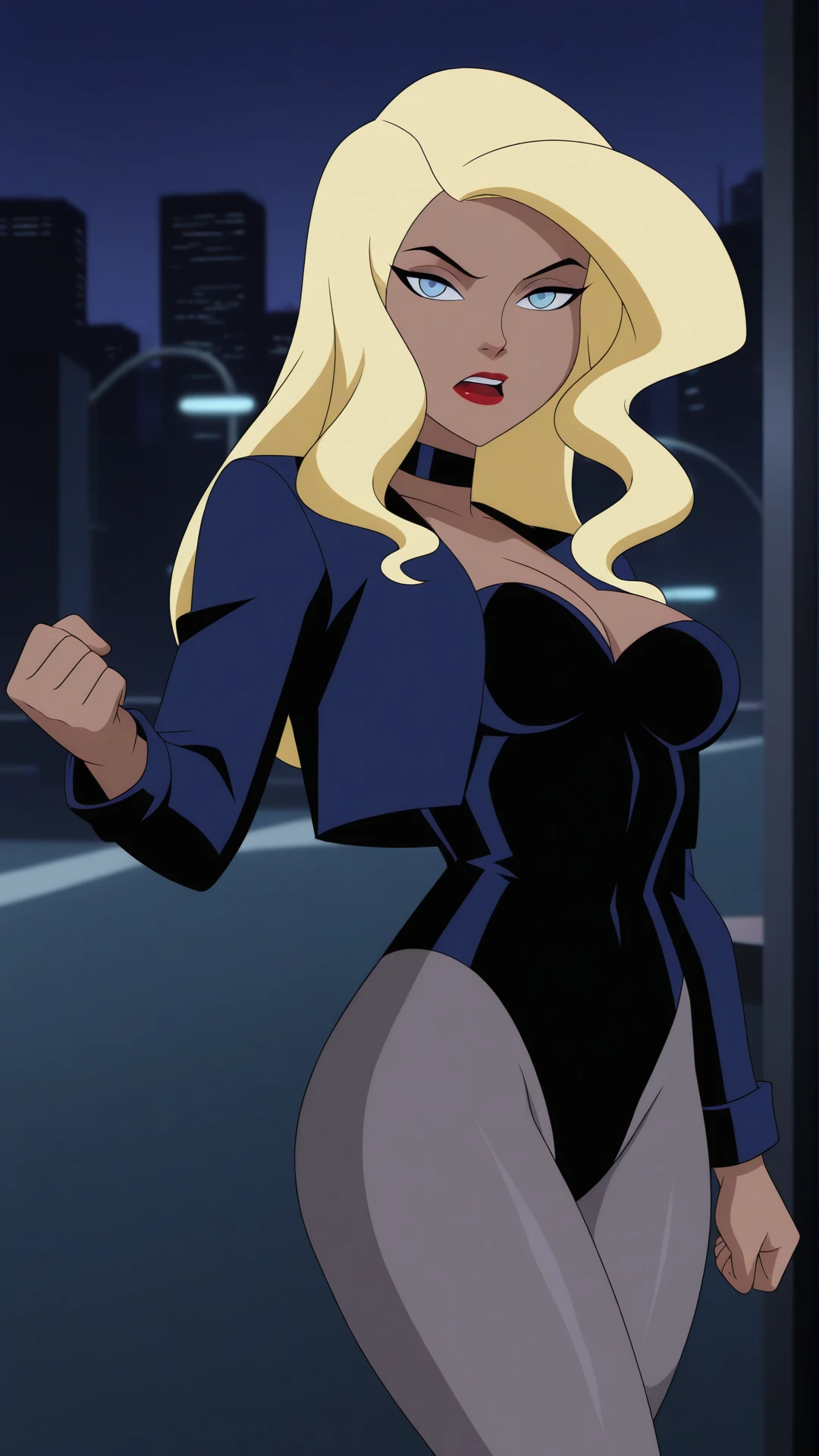 <lora:Black_Canary_XL-05:0.9> anime coloring, dramatic lighting, intricate details, masterpiece, best quality, absurdres, depth, Black_Canary_XL, 1girl, solo, breasts, looking at viewer, open mouth, suburban, long sleeves, city scape, cleavage, medium breasts, standing, jacket, upper body, pantyhose, choker, dark skin, open jacket, leotard, dark-skinned female, black choker, makeup, city, blue jacket, black leotard, lipstick, clenched hand, cropped jacket, grey pantyhose, open clothes, perfect eyes