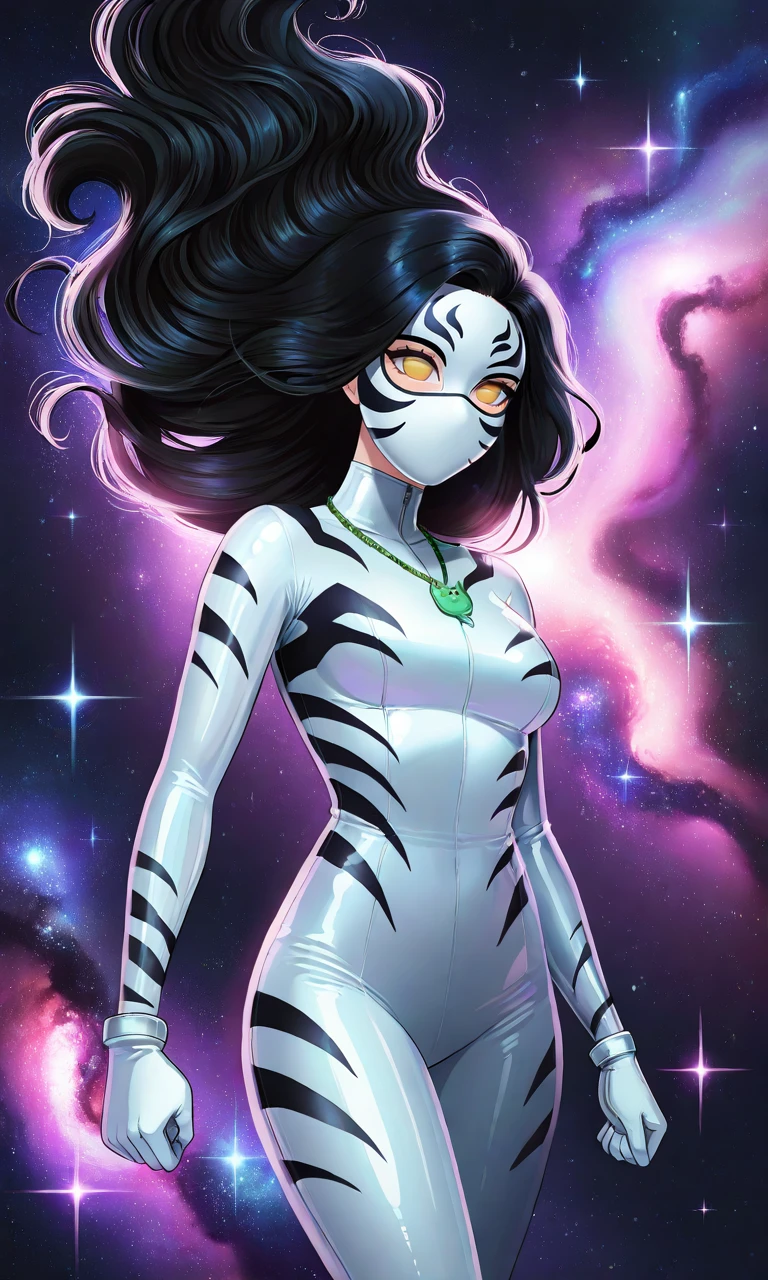 solo,1girl, long hair, black hair, mask, white mask, white bodysuit, white gloves, yellow eyes, no pupils, green necklace,Barbiecore, holographic, hot pink, glamour, sparkle, Spacecore, galaxy, nebula, black, white,animal print,white tiger print