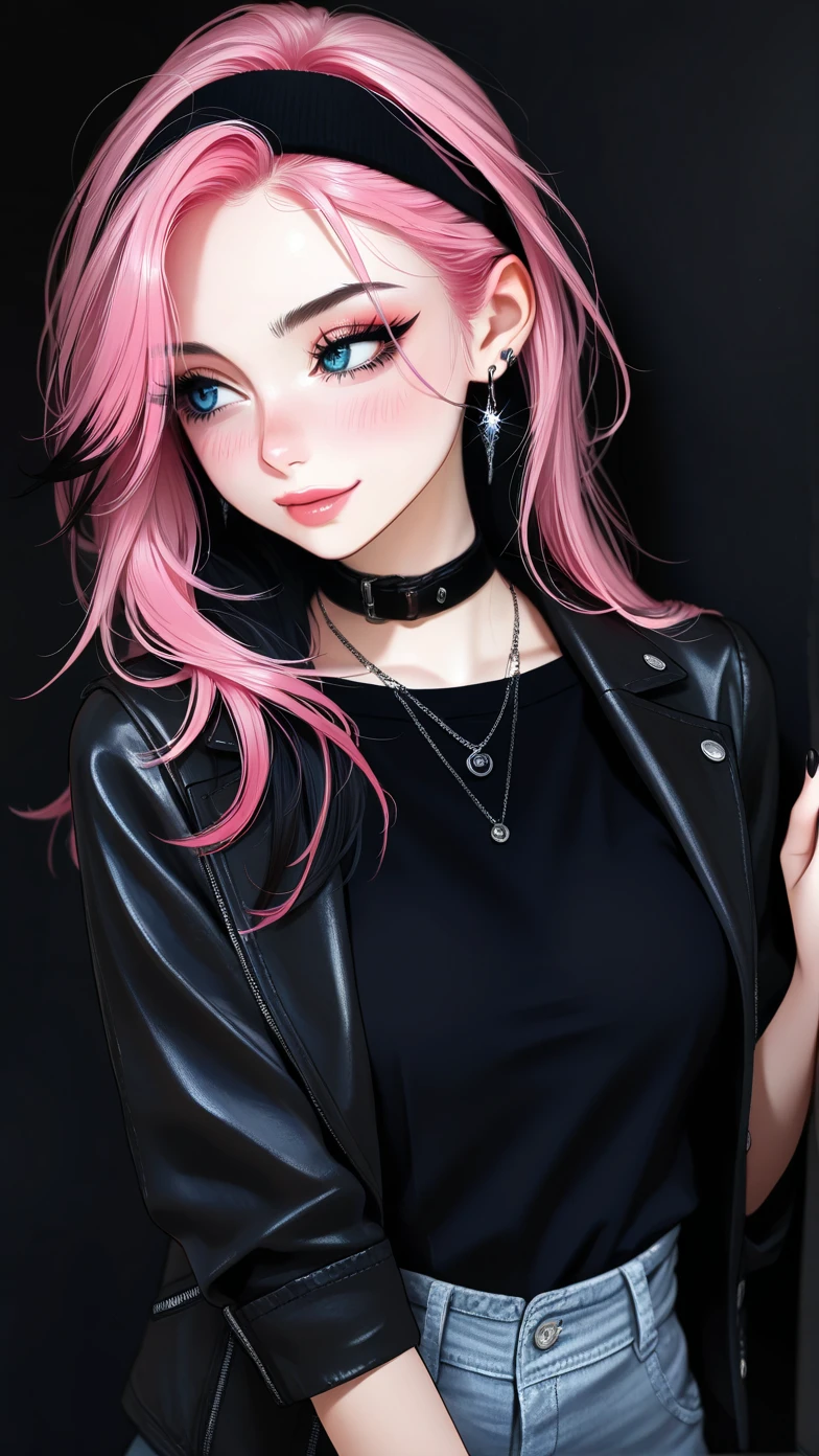 masterpiece, best quality, very awa, absurdres, Good quality, very aesthetic, absurdres, newest, very sexy girl, sexy figure, 1girl, 25yo, black hair, blue eyes, long eyelashes, black headband, medium breast, black choker, black shirt, black collar, black jacket, black wall background, beautiful face, makeup on eyelashes, long hair, pink hair tips, blushing, full lips, large earring, short nails, casual outfit, sexy look, seductive expression, sideways glance, slight smile, standing pose, visible neck, black nail polish, glossy lips, light makeup, earrings, necklace, front view, button-down shirt, loose hair, unbuttoned shirt, confident stance