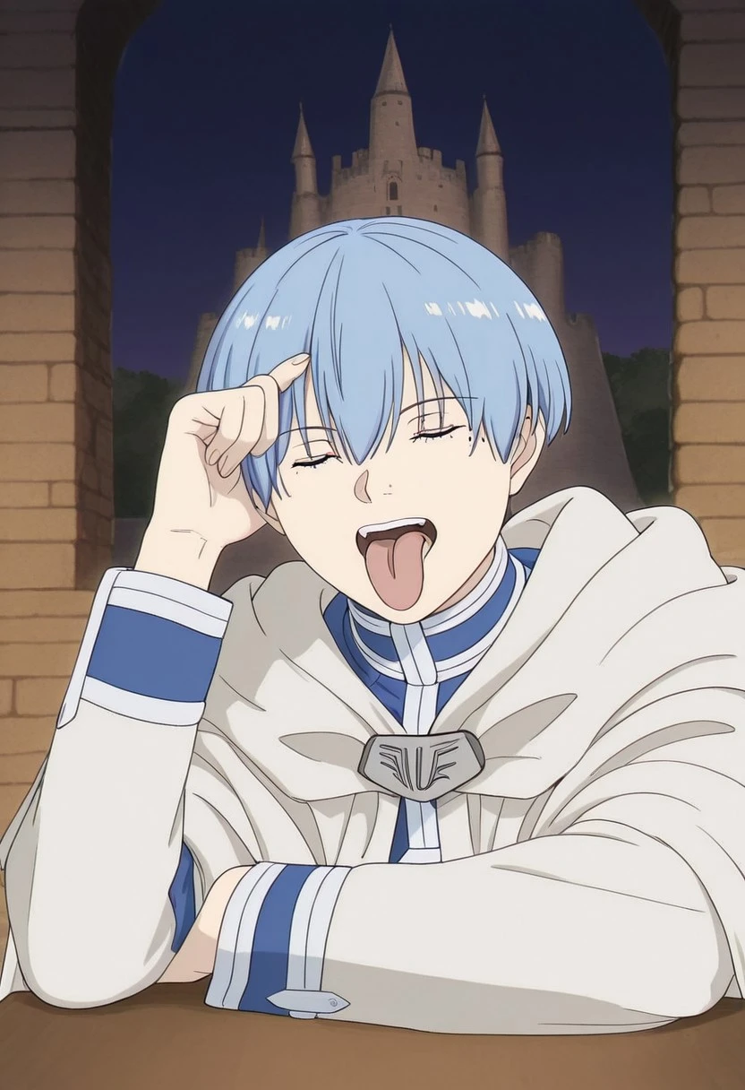 solo, man, himmel_sousou_no_frieren, blue hair, short hair, bangs, hair between eyes, mole under eye, looking at the viewer, aldn_frky_pose, closed eyes, hand on head, tongue out, table, castle wall background, best quality, masterpiece, 4k resolution, anime