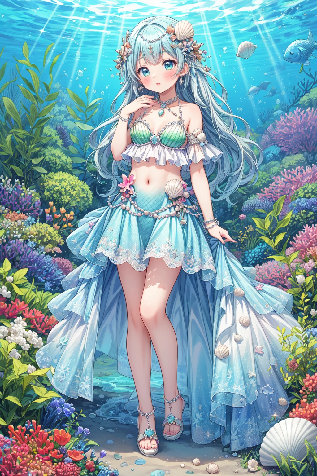 (fullbody) (cutecore, kawaiicore) 1girl, mermaidcore, (blue theme, green theme), (iridescent clothing, shiny clothing), long fishtail_dress, halter top, conch shell top, shell bra, scale print leggings, long maxi skirt, flowy skirt, ruffles, frills, jewelry, shell headdress, crystal jewelry, pearl jewelry, sea glass jewelry, beads