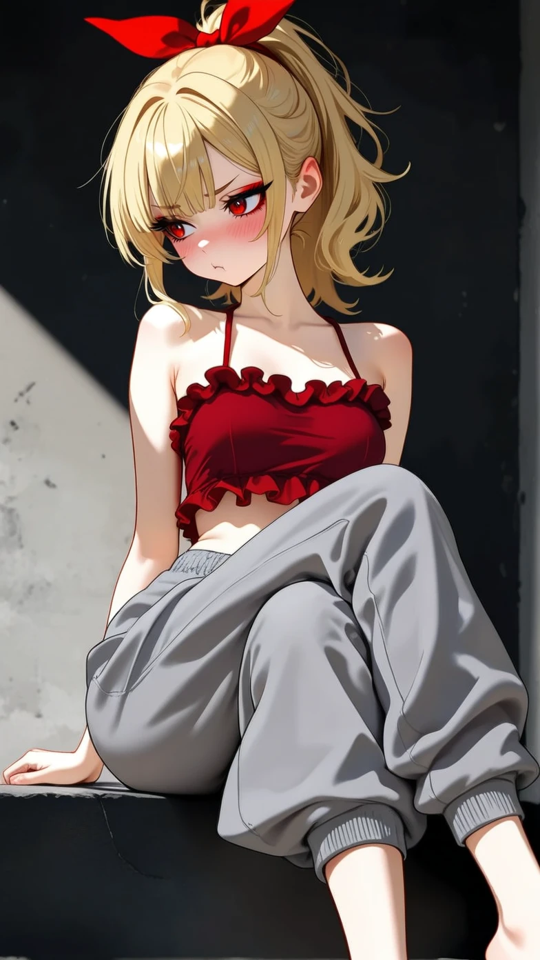 masterpiece, best quality, very awa, absurdres, Good quality, very aesthetic, absurdres, newest, very sexy girl, sexy figure, 1girl,
23yo,
black wall background,
blonde hair,
red eyes,
medium breast,
beautiful face,
pouting lips,
ruffled top,
loose pants,
blush,
sitting pose,
crossed legs,
bare feet,
red ribbon,
ponytail,
grey outfit,
thin eyebrows,
light shadow,
broad shoulders,
thin neck,
long eyelashes,
eyeliner,
makeup on eyelashes.