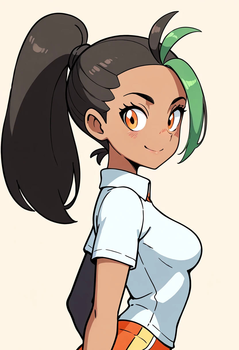 masterpiece, best quality, solo, curvy, beautiful eyes, narrow waist, 1girl, solo, smile, looking at viewer, nemona (pokemon), pokemon, black hair, green hair, orange eyes, dark skin, multicolored hair, two-tone hair, ponytail, hair pulled back, collared shirt, fingerless gloves, orange shorts, ,<lora:NemonaPokemonIXL:1.0>, , smile, looking at viewer, side view, upper body, <lora:DiivesIXL:1.0>,