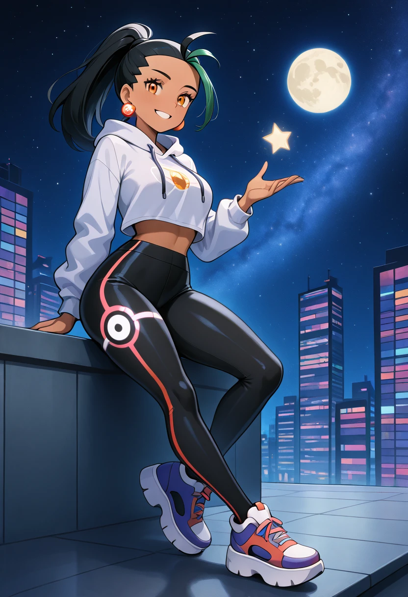 masterpiece, best quality, solo, curvy, beautiful eyes, narrow waist, 1girl, solo, smile, looking at viewer,  nemona (pokemon), pokemon, black hair, green hair, orange eyes, dark skin, multicolored hair, two-tone hair, ponytail, hair pulled back,   ,<lora:NemonaPokemonIXL:1.0>, [Celestial Streetwear], Oversized moon hoodie, starglyph tights, platform sneakers, alien earrings, Leaning on a rooftop at night, surrounded by cosmic city lights and a starry sky.