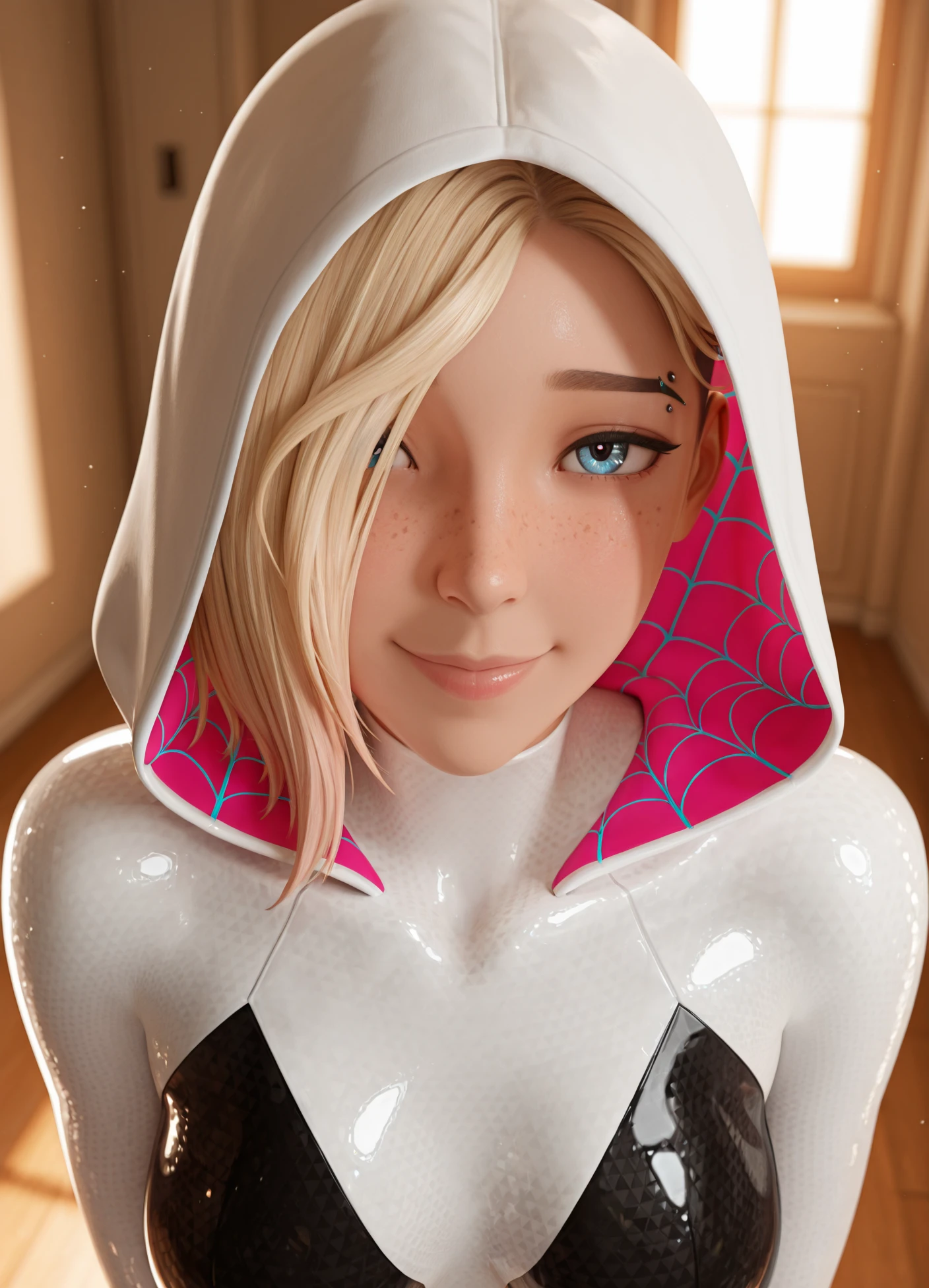 intricate details, looking at viewer, hyperdetailed skin texture, specular highlights, perfect lighting, subsurface scattering, masterpiece, best quality, amazing quality, 4k, very aesthetic, high resolution, ultra-detailed, absurdres, newest, scenery, 2d, cartoon,
1girl, (cellulite:0.8), skindentation, black eye shadow, large eyes,
1girl, solo, eyebrow piercing, hood, blonde hair, piercing, looking at viewer, blurry background, blue eyes, black bodysuit, hooded bodysuit, hood up, spider web print, asymmetrical hair, skin tight, undercut, short hair, lips, blush, smile, two tone body suit, white body suit, ((small triangle patterned body suit)), tight body suit, hair over eye, freckles, soft natural lighting, edge lighting,
<lora:GwenK112:1>