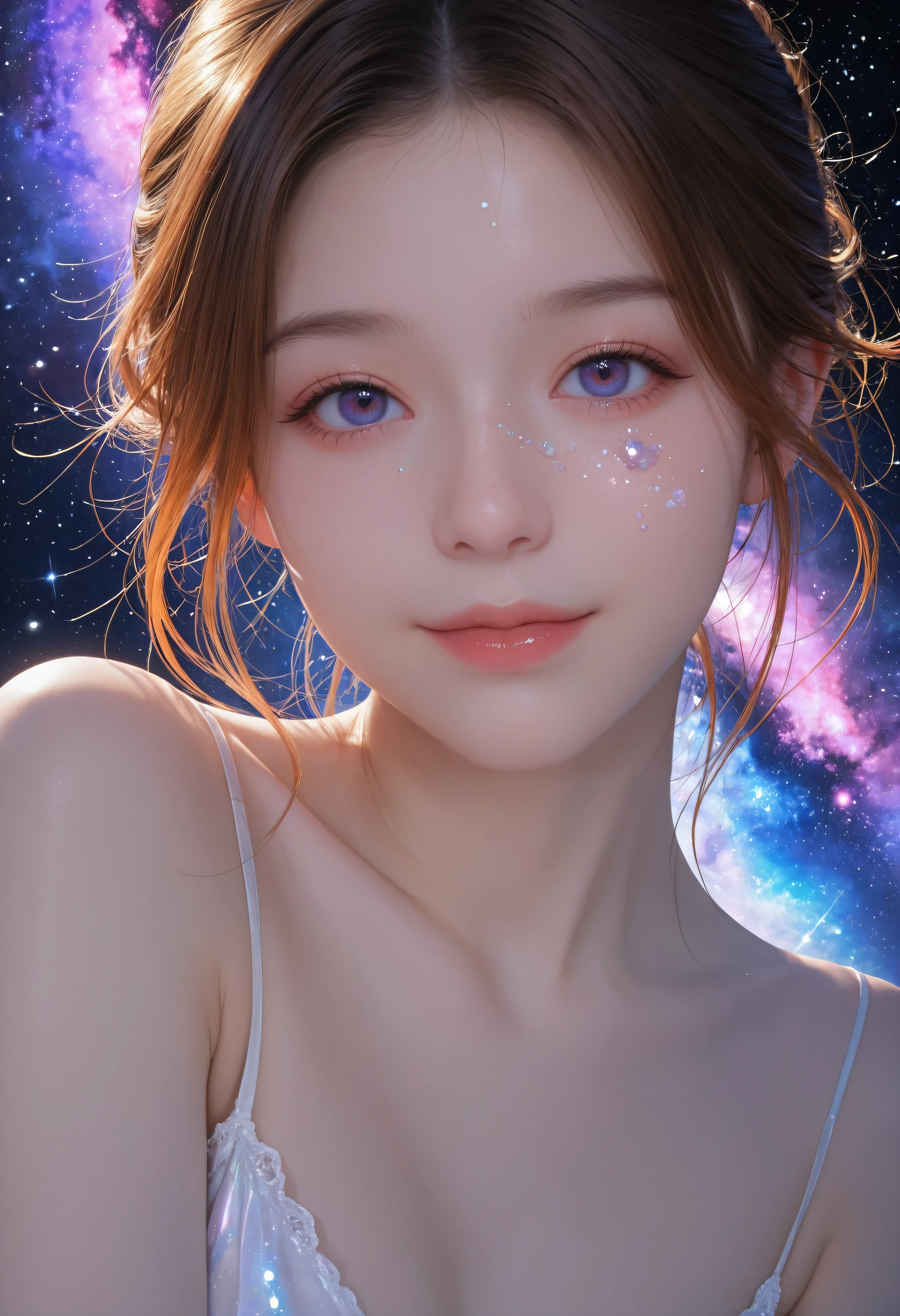 (masterpiece, best quality, ultra high res), (photorealistic, realistic skin texture, subtle skin details, soft lighting, natural skin), realistic, professional photo, 8k, uhd, absurdres, aesthetic, very aesthetic, gorgeous, high quality, low saturation, filmic tone, soft contrast, DSLR style, natural skin reflection, detailed anatomy, detailed background, detailed skin texture, matte skin, unretouched look, healthy skin tone, soft focus, close-up face,
BREAK,
galaxy, ethereal, dreamy, vibrant, cool mood, light leaks, colorful bokeh, soft light, glittering particles, detailed background, extremely detailed background, sparkling carbonated bubbles, caustics, prism light, light projection, nebula, stardust, cosmic, galaxy dust on face,
1girl, looking at viewer, light smile,