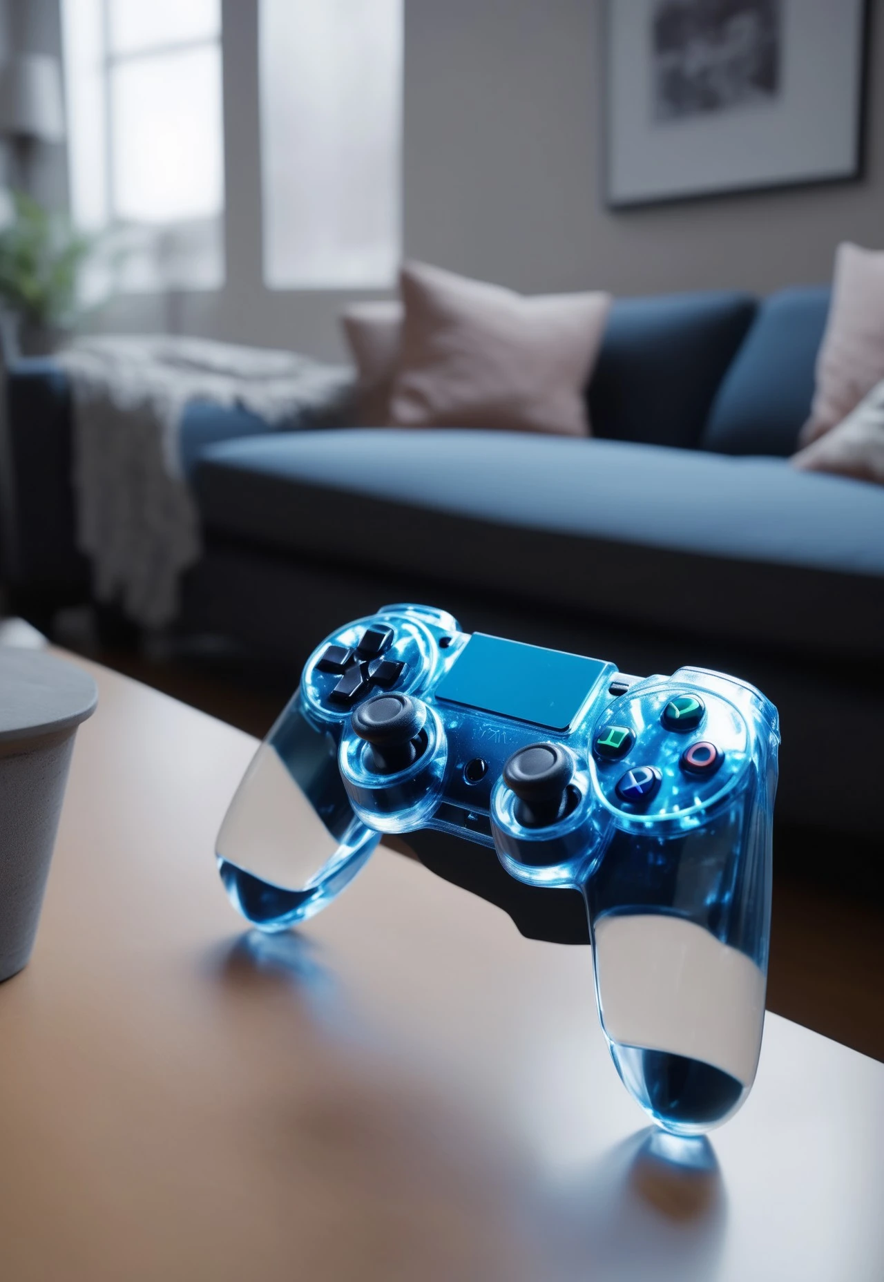 Video game controller made of glass, on a table in a livingroom