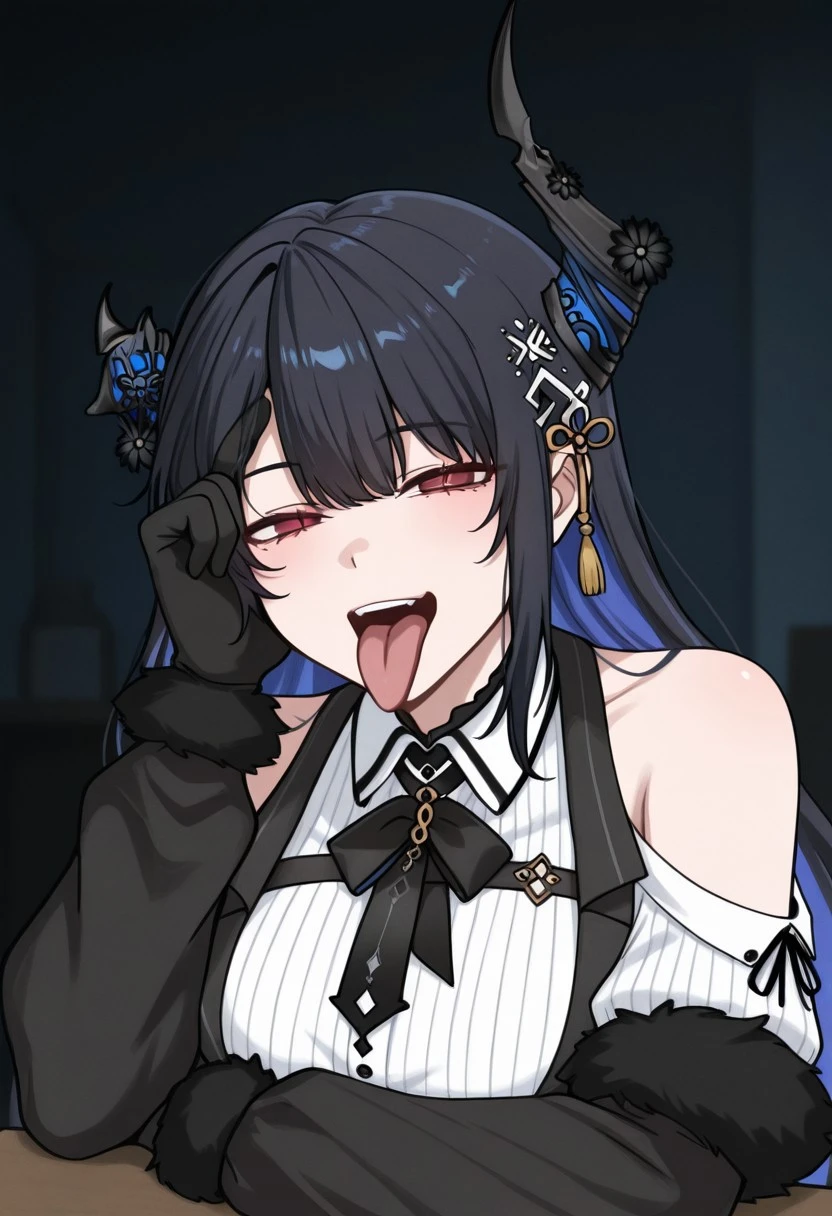 solo, woman, Ner1ssaDef, colored inner hair, black hair, blue hair, red eyes, slit pupils, uneven horns, long hair, hair ornament, black ribbon, fur-trimmed sleeves, black sleeves, collared shirt, white shirt, ribbed shirt, shoulder cutout, black gloves, looking at the viewer, aldn_frky_pose, half-closed eyes, hand on head, tongue out, table, dark room, best quality, masterpiece, 4k resolution, anime