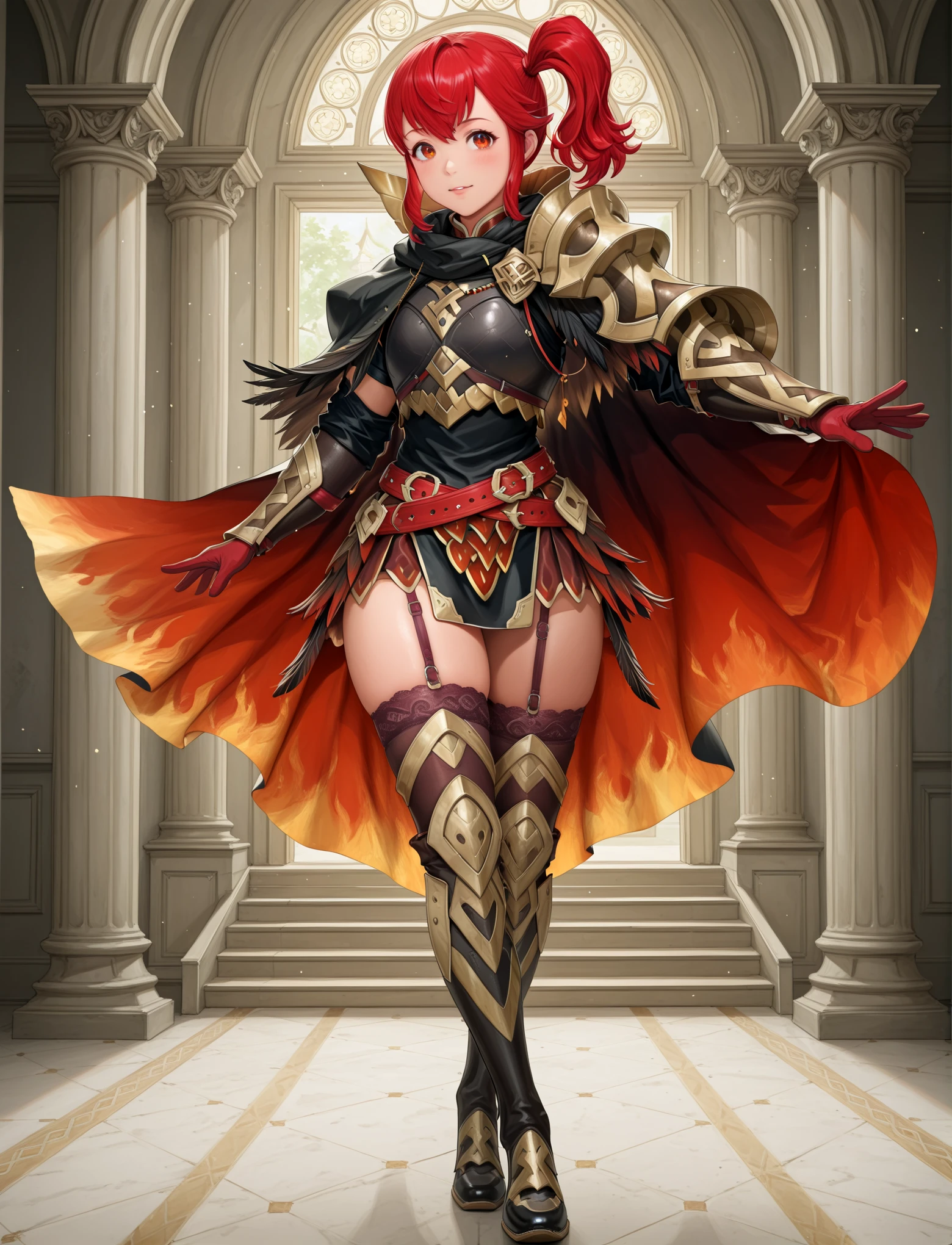 full body, dynamic pose, dancing,
<lora:LECO-mature_female_XL(ill)v11:1> young, thick thighs, wide hips,
<lora:MuspelOutfit:1> MuspelOutfit, alternate costume, flame print, red and black outfit, feather trim, gold trim, shoulder armor, breastplate, cape, gloves, garter straps, zettai ryouiki, thigh boots
<lora:Anna_-_Fire_Emblem_Heroes:1> h3ro3s, red hair, side ponytail,, masterpiece, best quality, amazing quality, very aesthetic, absurdres, newest