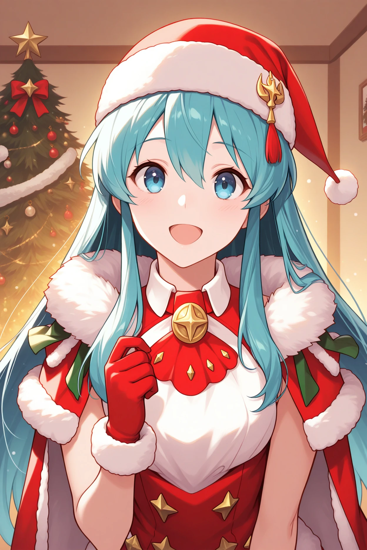 masterpiece, best quality, 1girl, solo, <lora:wintereirika-illu-nvwls-v1-000006:1> wnter, aqua hair, long hair, hair between eyes, santa hat, santa costume, santa dress, red ascot, fur trim, red gloves, red cape, sleeveless, upper body, looking at viewer, winter, christmas tree, happy, open mouth