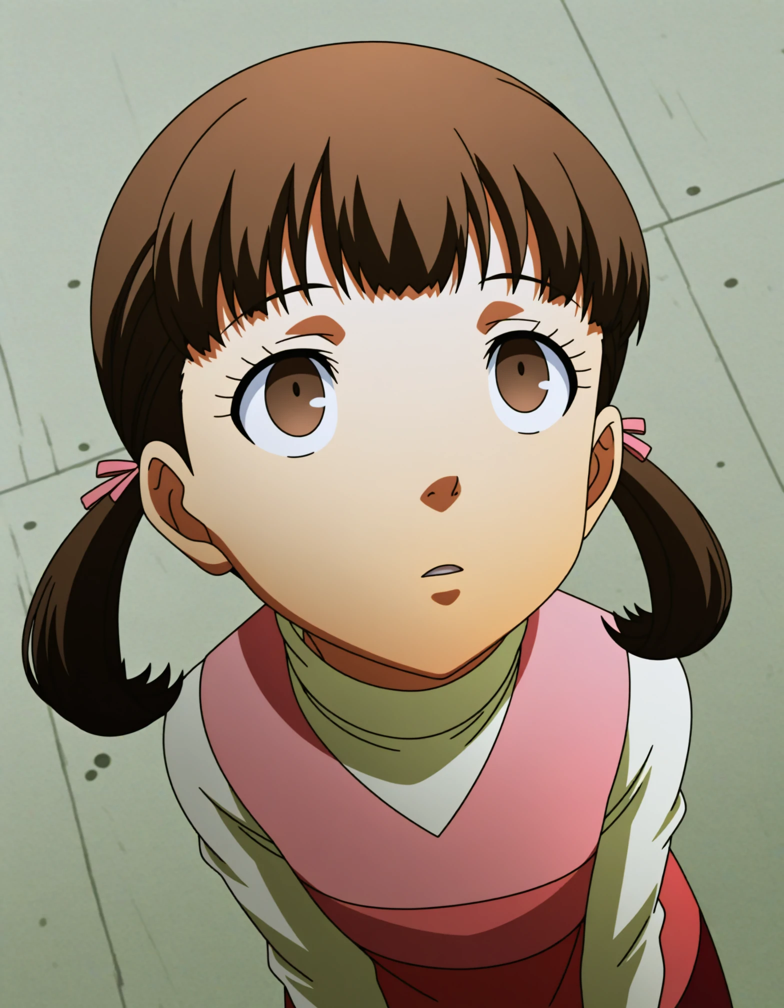<lora:dmd2_sdxl_4step:1>,masterpiece,best quality,amazing quality,very aesthetic,high resolution,ultra-detailed,absurdres,newest,anime coloring,anime screenshot,official art,<lora:nanako:0.8>,nanako,doujima nanako,1girl,brown hair,brown eyes,twintails,hair ribbon,intense angle,looking up,