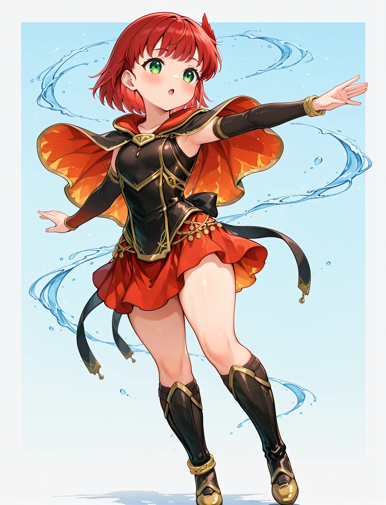 full body, dynamic pose, dancing,
<lora:LECO-mature_female_XL(ill)v11:1> young, thick thighs, wide hips,
<lora:MuspelOutfit:1> MuspelOutfit, alternate costume, flame print, red and black outfit, feather trim, gold trim,
<lora:priscilla febb_illustriousXL:1> priscilla febb, feather hair ornament, capelet, elbow gloves, black dress, red skirt, anklet, knee boots, masterpiece, best quality, amazing quality, very aesthetic, absurdres, newest