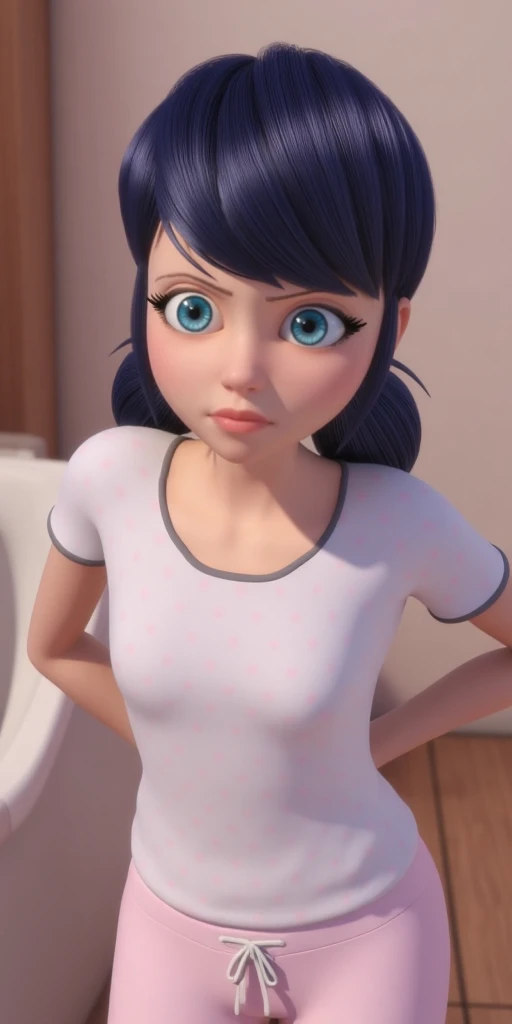 Super detailed, looking at viewer, good eyes, best eyes, ideal eyes, detailed eyes, white t-shirt with pink polka-dots and black edges, upper body, light pink sweatpants with a white string, bright bluebell eyes, fair skin, shoulder-length black hair with blue reflections tied back in pigtails, body like in real life, large pores, unreal engine, octane render, droped shadow, bokeh, cinematic lighting, Marinette Dupain-Cheng