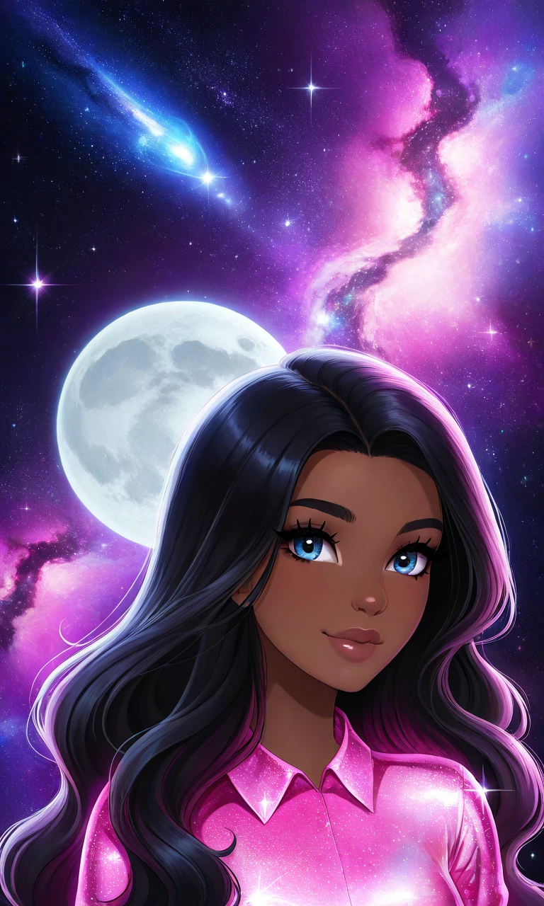 solo,Barbiecore, holographic, hot pink, glamour, sparkle, Spacecore, galaxy, nebula, black, white,1girl, very dark skin, black hair,blue eyes,moon,long hair
