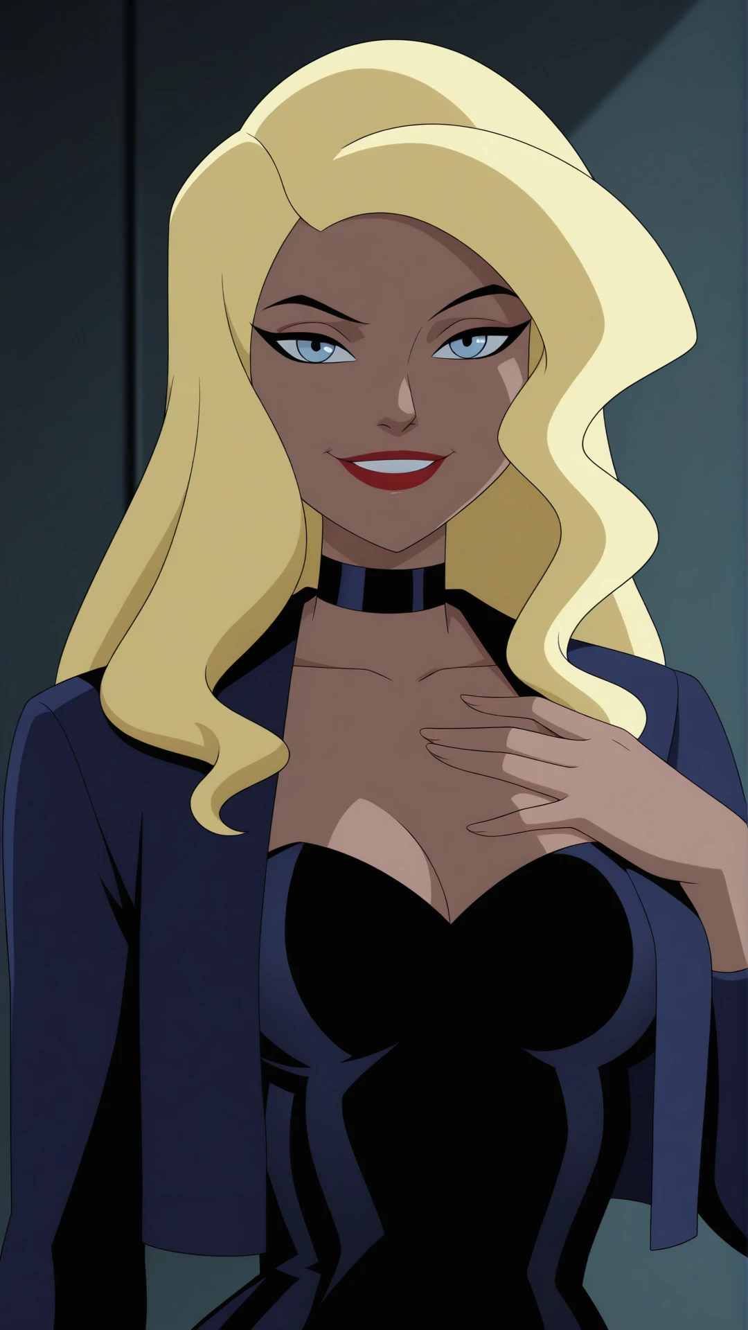 <lora:Black_Canary_XL-05:0.9> anime coloring, dramatic lighting, intricate details, masterpiece, best quality, absurdres, depth, Black_Canary_XL, 1girl, solo, smile, jacket, upper body, choker, dark skin, dark-skinned female, lips, makeup, wavy hair, hand on own chest, lipstick, red lips, leotard, black leotard, strapless leotard, jacket, crop jacket, open jacket looking at viewer, collarbone, teeth, black choker