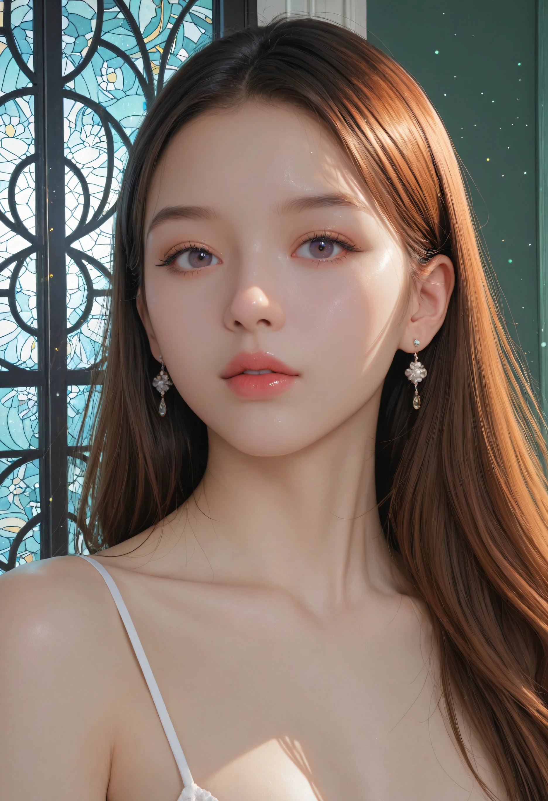 (masterpiece, best quality, ultra high res), (photorealistic, realistic skin texture, subtle skin details, soft lighting, natural skin), realistic, professional photo, 8k, uhd, absurdres, aesthetic, very aesthetic, gorgeous, high quality, low saturation, filmic tone, soft contrast, DSLR style, natural skin reflection, detailed anatomy, detailed background, detailed skin texture, matte skin, unretouched look, healthy skin tone, soft focus, close-up face,
BREAK,
art deco, geometric patterns, metallic accents, elegant, glamorous, light leaks, bokeh, soft light, glittering particles, detailed background, extremely detailed background, caustics, prism light, light projection, bold makeup,
1girl, looking at viewer,