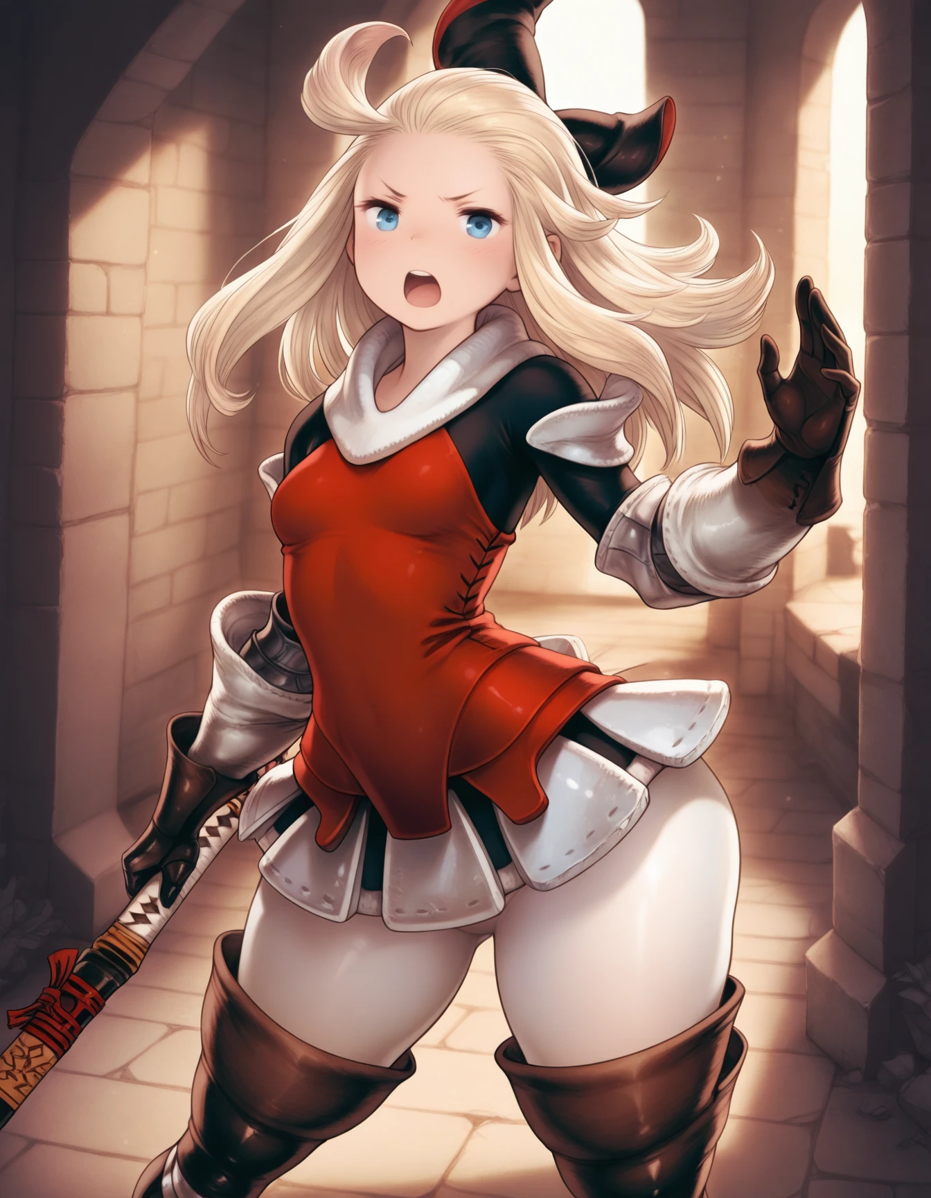 EdeaLee, 1girl, blonde hair, ahoge, black bow, hair bow, red shirt, white collar, black sleeves, white cuffs, blue eyes, brown gloves, gauntlet, white leggings, armored skirt, thigh boots, (thick thighs:0.6), wide hips, small breasts, (legs apart:0.7),
masterpiece,best quality,amazing quality,nsfw, <lora:Illustrious Detail:2.5>
<lora:EdeaV4:1>,
fighting stance, holding_weapon, katana, pov, dungeon, yelling, (close-up:1.4),