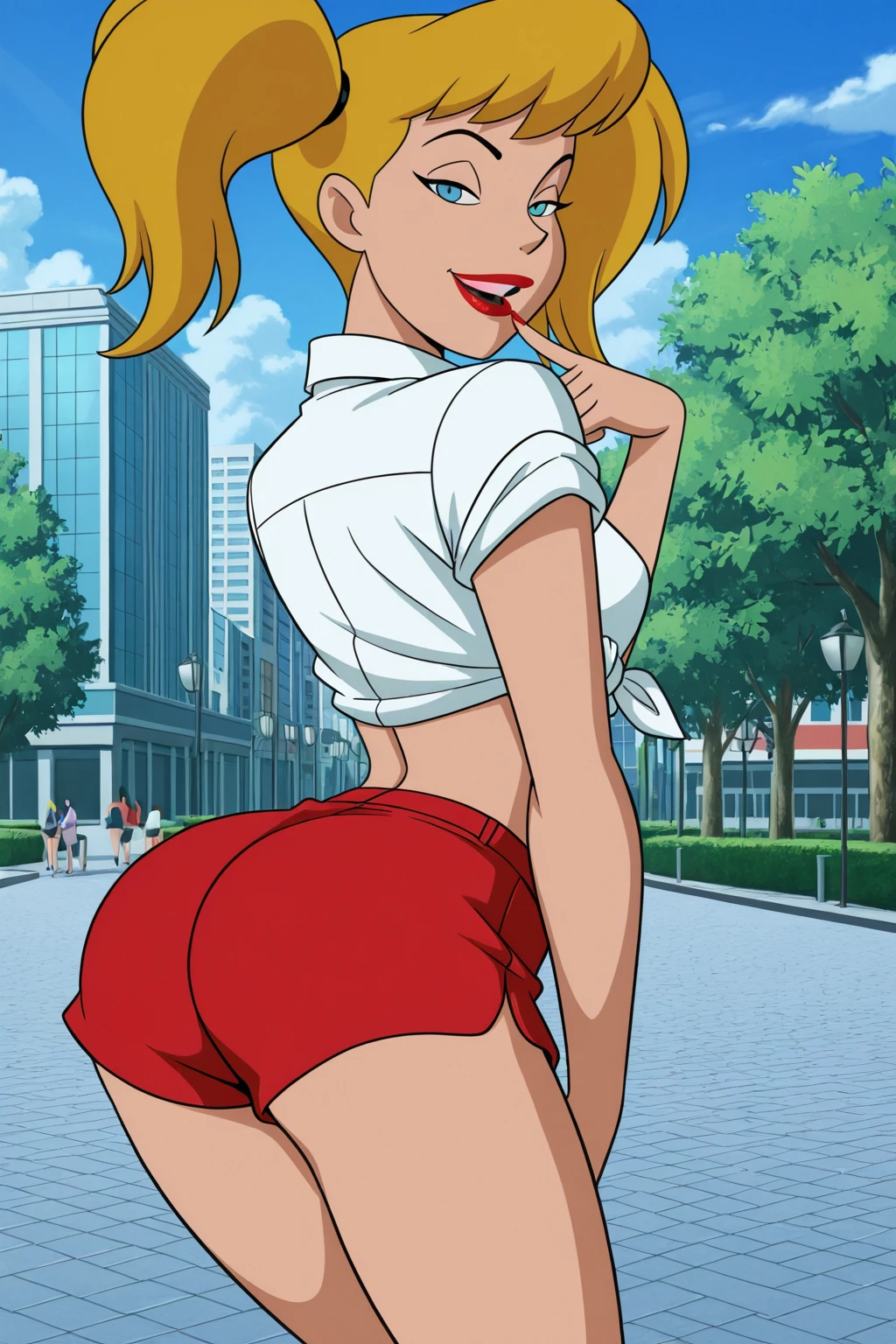 (((official style)), perfect , perfect eyes, solo female, ) BREAK <lora:HarleyDCAUIL:1> harleen quinzel, blue eyes, blonde hair, twintails, lipstick, happy ((looking back at viewer)), collared shirt, white shirt, tied shirt, midriff, red shorts, teasing viewer, arched back, pose, pinup pose, seducing viewer, city street, park, outdoors