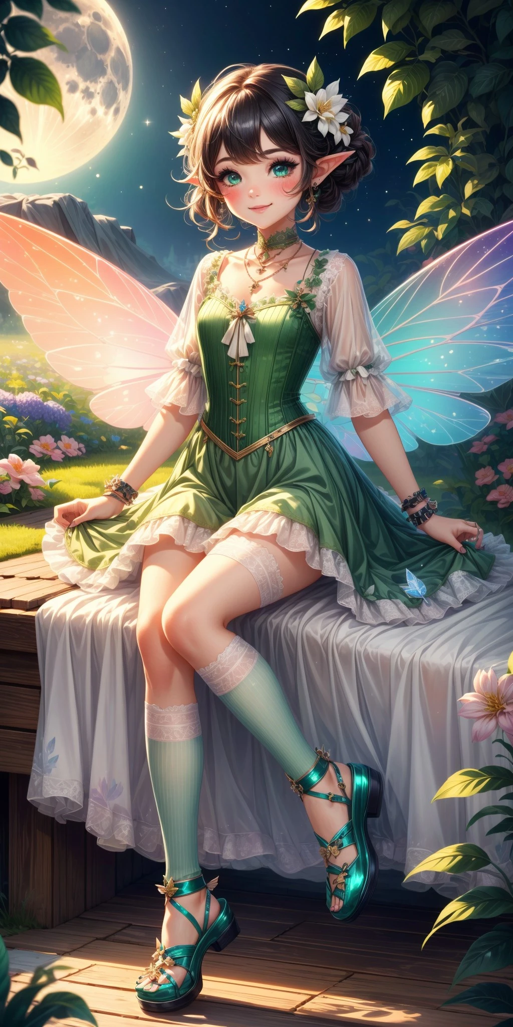 1girl, big sparkling eyes, blush, full face blushing, smile, fairycore, tousled hair, loose hair, messy bun, messy braid, makeup, glittery makeup, shiny makeup, pastel nail polish, wire-rimmed glasses, flowy dress, puffy dress, tunic, sweater, corset, green corset, white corset, cardigan, sheer, lace, bows, fake elf ears, fake fairy wings, jewelry, long gold necklace, bracelets, rings, moonstone ring, opal ring, fingerless gloves, kneehighs, slippers, open-toed shoes, flower shoes, leaf shoes, sparkles, glitter, <lora:more_details:0.7>, <lora:scene_:0.5>, <lora:FashionComplexityEnhancerLORAv1:0.4>, <lora:c4d88097-e869-4386-8e68-375ccb878024:0.6>, <lora:96073874-f082-4683-942e-601cecac5c40:0.3>, <lora:f7d08feb-f21d-42d0-9ef1-a9481867524d:0.3>, <lora:5844635f-c9c3-4f9e-85c4-d0d40f201159:0.3>, <lora:betterLight_v10:0.3>, ,