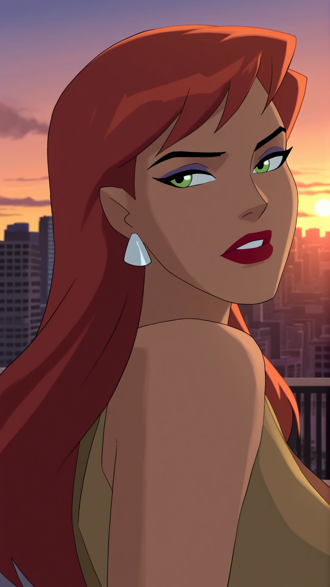 JLU_STYLE, 1girl, Red hair, long hair, green eyes, solo, jewelry, earrings, parted lips, dark skin, looking to the side, makeup, lipstick, red lips, city, suburban, sunset, sunlight, superheroine, <lora:Justice_League_Unlimited_Style:0.9>