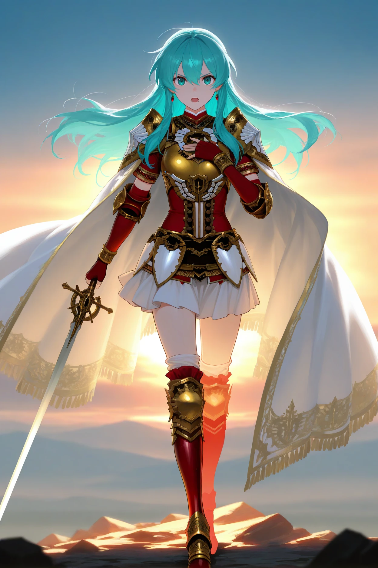 masterpiece, best quality, 1girl, solo, <lora:legendaryeirika-illu-nvwls-v1-000006:1> lgner, aqua hair, long hair, hair between eyes, earrings, red shirt, short sleeves, gold pauldrons, white cape, gold breastplate, armored skirt, white skirt, elbow gloves, fingerless gloves, armored boots, red boots, knee pads, standing, cape flying in the wind, looking at viewer, full body, holding sword, hand on own chest, serious, happy, open mouth, sunset