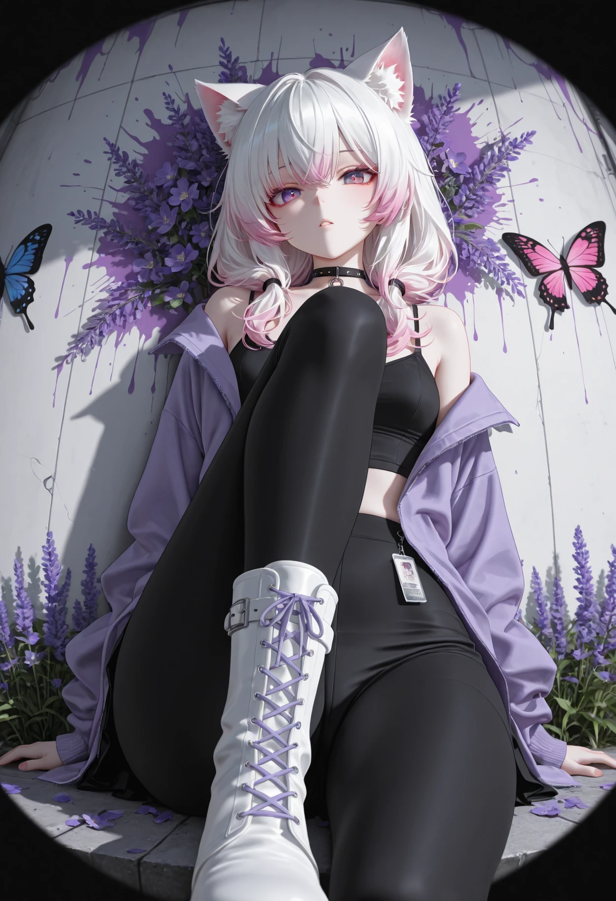 HDR photo of clean style (texture:0.81),exponential,[(quasarcake:0.65):crain1art:21],(xxyt-xx:0.85),chen bin,berryverrine,knee up,white_boot,black_leggings,fisheye,perspective,apothecary,(safe),
limited color,Maximalism artstyle,Geometric artstyle,Butterflies),double exposure of flower and liquid,fusion of Fluid virginia abstract art,//black and white painting,sketch,anime styling,professional artwork,illustration,official art,promotional art,product_art,(colorful paint splatter:1.16),1girl,solo,hair tie,white hair,cat girl,violet maroon eyes,cat ears,choker,lavender jacket,violets,lavender \(flower\),//detailed white background//,anime style top down close-up,street art,vibrant,urban,detailed,tag,mural,high dynamic range,vivid,rich details,clear shadows and highlights,anime 2d,intense,enhanced contrast,highly detailed,background gradient,beautiful,
masterpiece,best quality,amazing quality,very awa,absurdres,newest,very aesthetic,depth of field,highres,